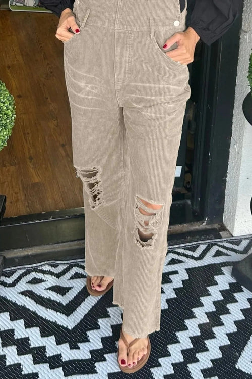 Overalls, corduroy, distressed, straight leg, pocketed, frayed hem, button clasp, no stretch, comes in several colors front view