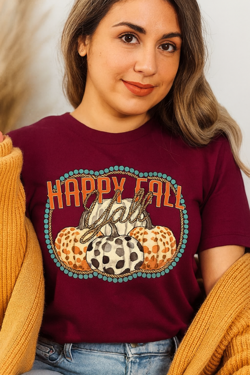 T-shirt, graphic, short sleeve, crew neck,  DTF print, Happy Fall Y'all graphics, stretchy , front view