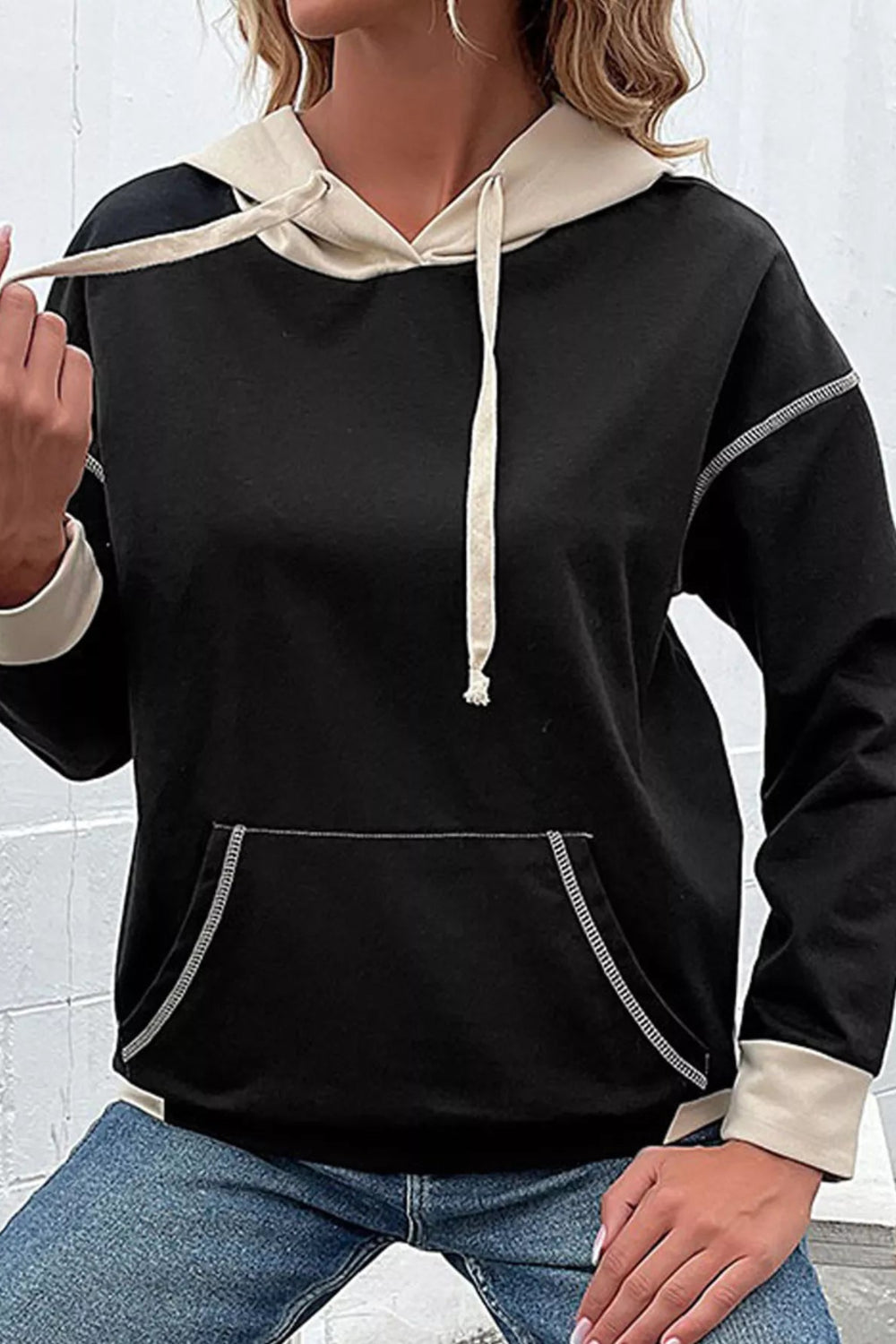 hoodie, long sleeve, pullover, drawstring, drop shoulder, exposed seams, kangaroo pocket, contrast seams, slightly stretchy, front view