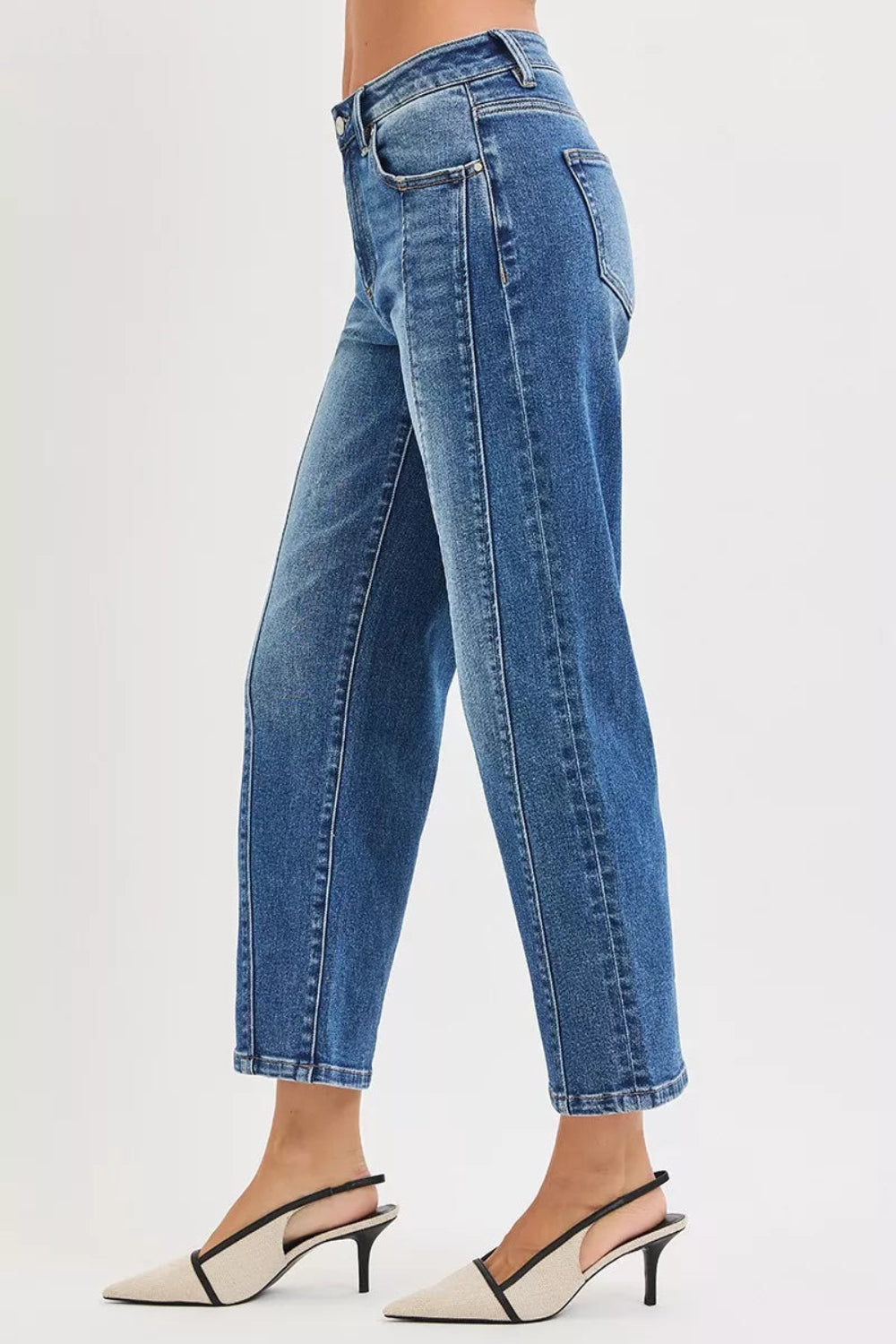 Risen Jeans, high-rise, cropped, straight leg, front seams, belt loops, pocketed, button/zipper closure, dark wash, slightly stretchy, side view