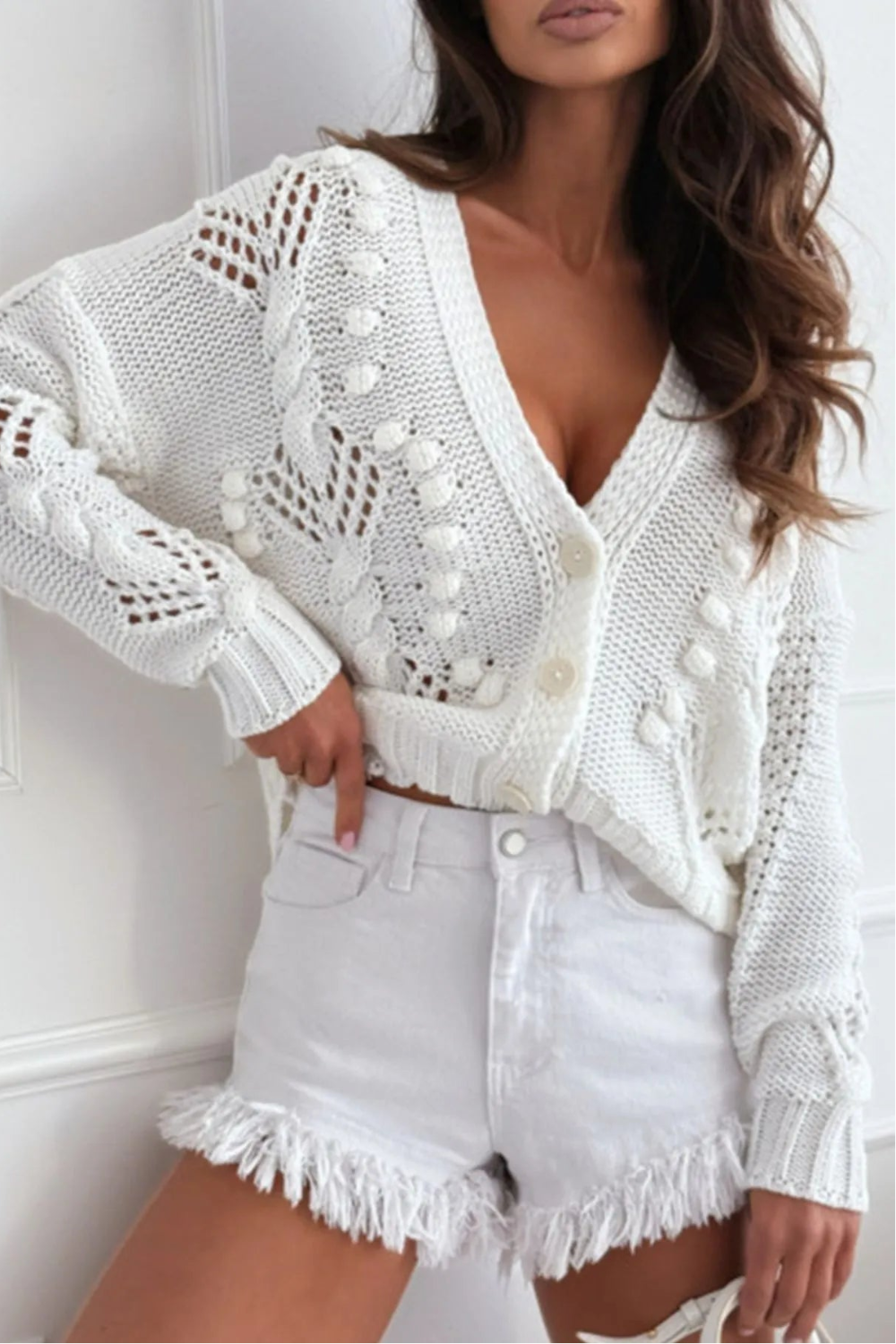 Cardigan, long sleeve, drop shoulder, openwork, cable knit, v-neck, buttoned, no stretch front view