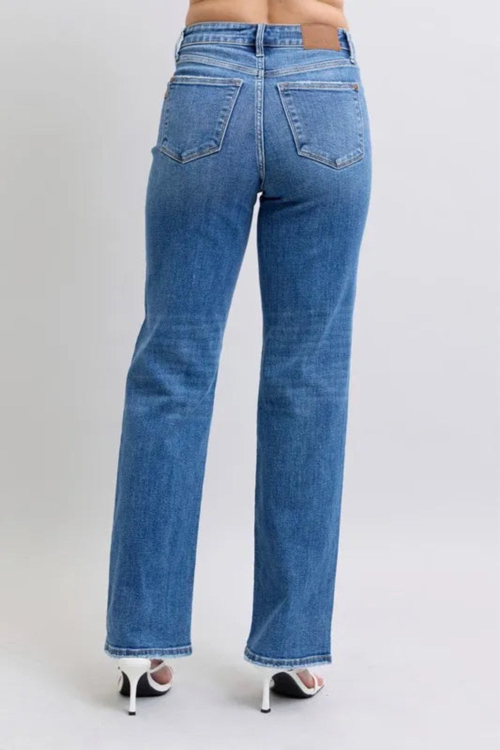 Judy Blue Jeans, full-size, high-rise, 5-pocket design, v-front detail, button-zip closure, straight leg, slightly stretchy, back view