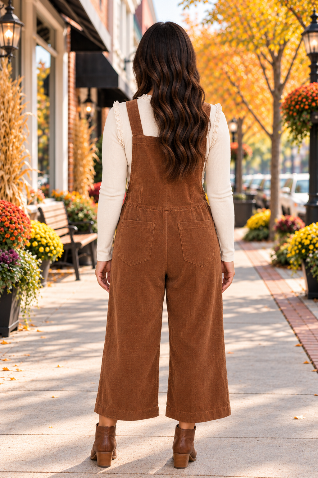 Back view wide-leg overalls, bibbed, pocketed, corduroy, adjustable straps, no stretch.