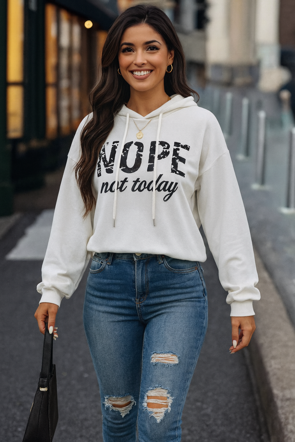 Hoodie, white, graphic design, long sleeve, drop shoulder, cropped, drawstring, no stretch, front view