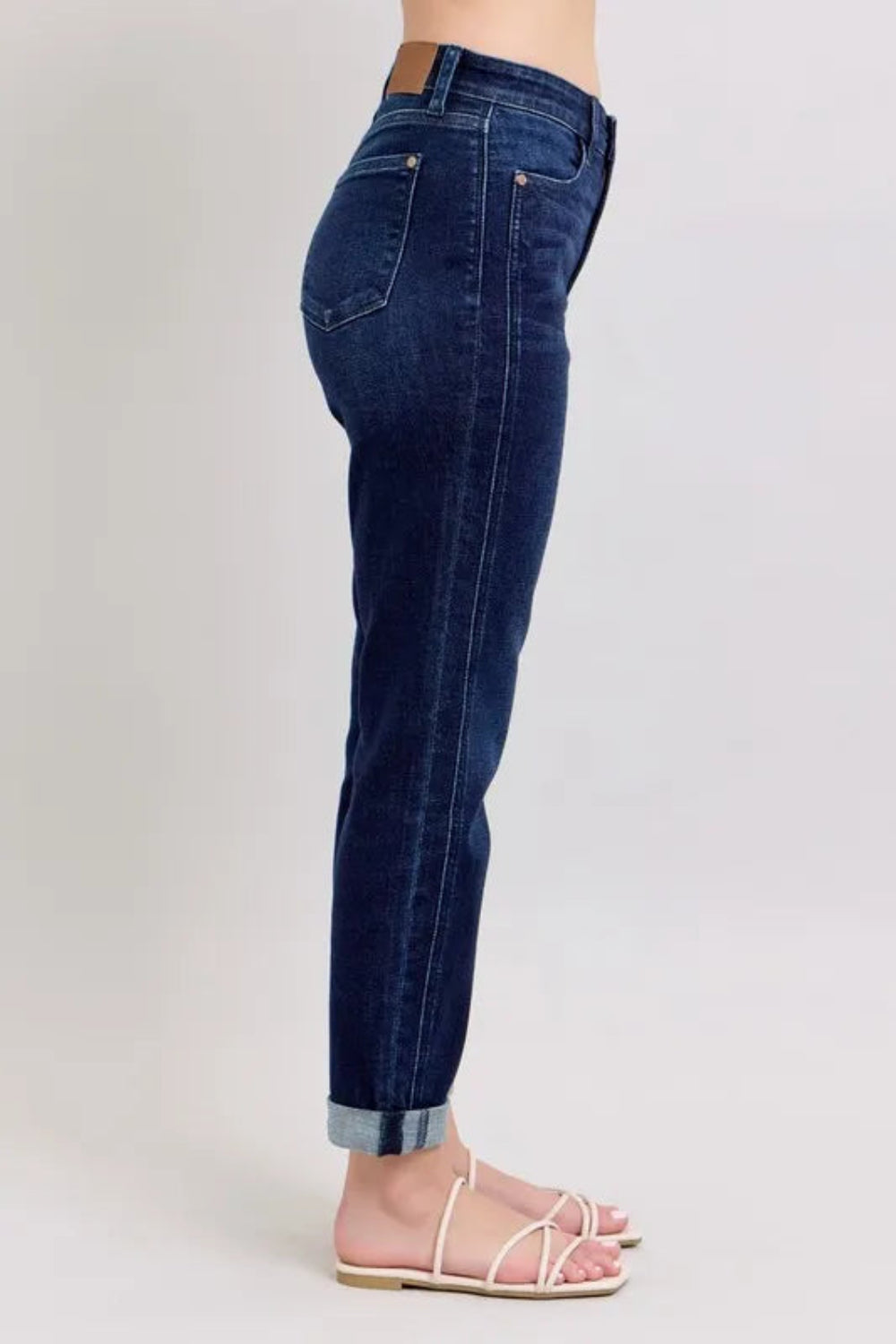 Judy Blue Jeans, high waist, full-size, pocketed, button and zipper closure, dark wash, double seam, slightly stretchy, side view