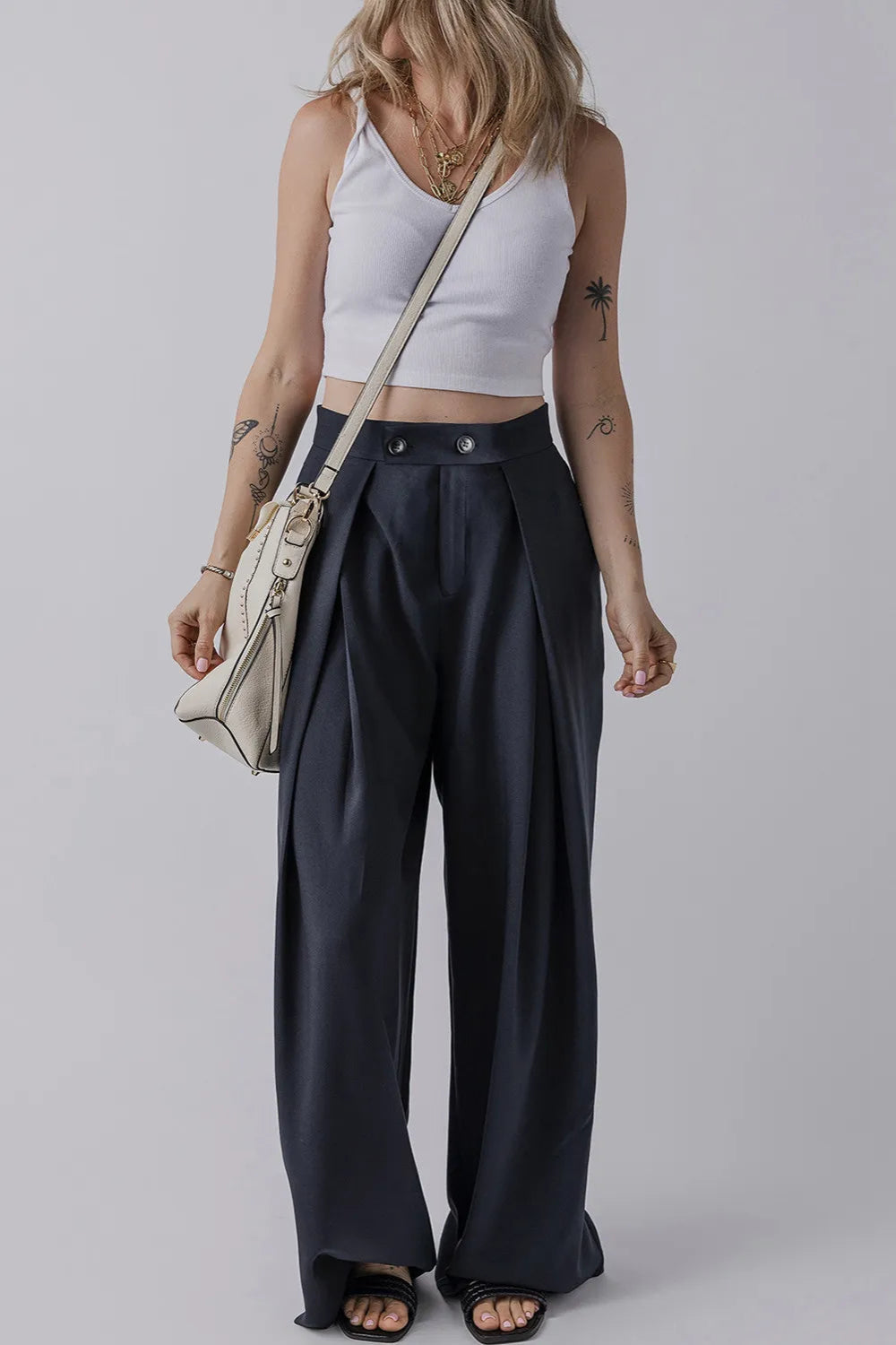 Pants, double button and zipper closure, large pleats, pocketed, wide leg, long, opaque, no stretch front view