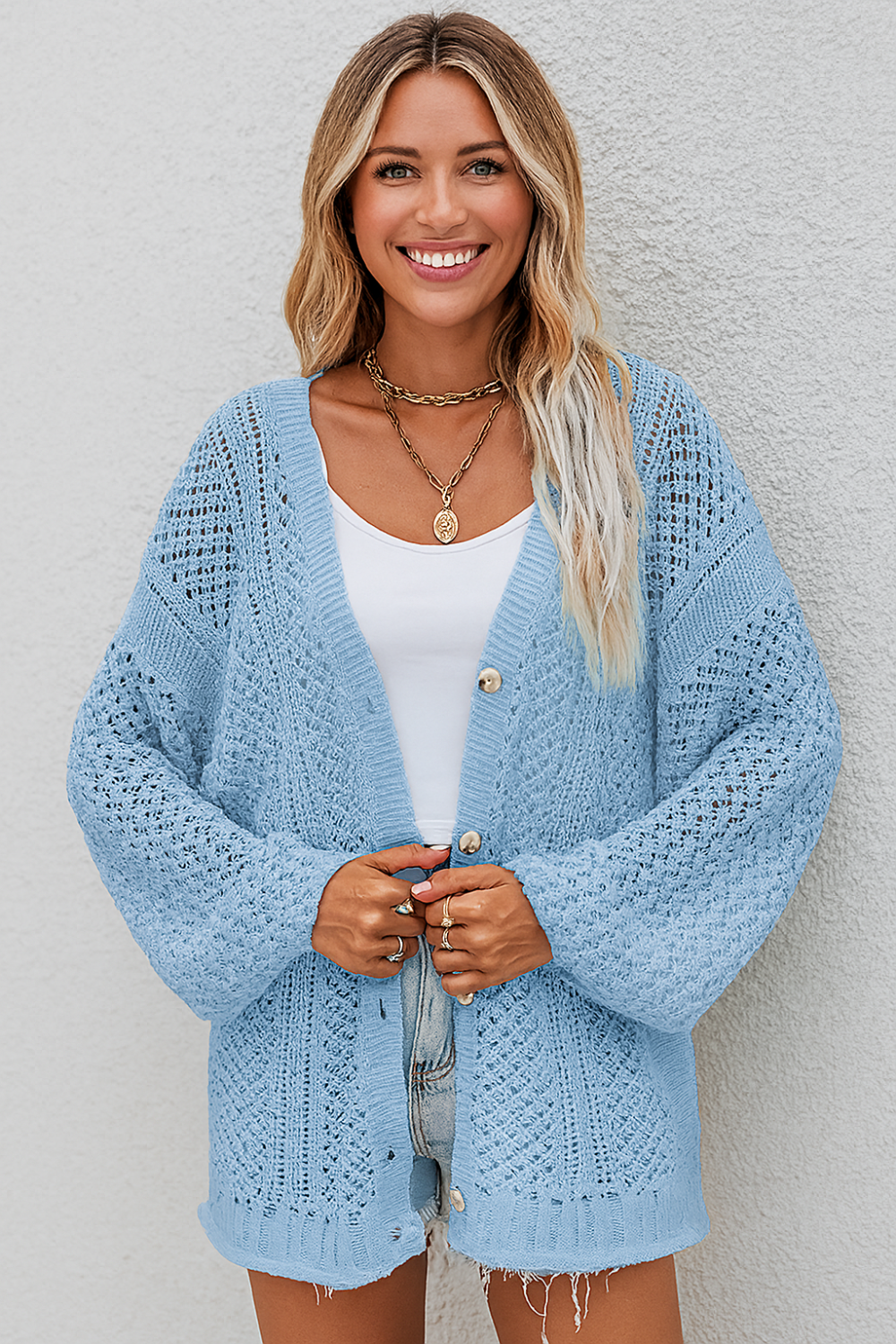 Cardigan, long sleeve, openwork, buttoned, oversized, drop shoulder, stretchy front view