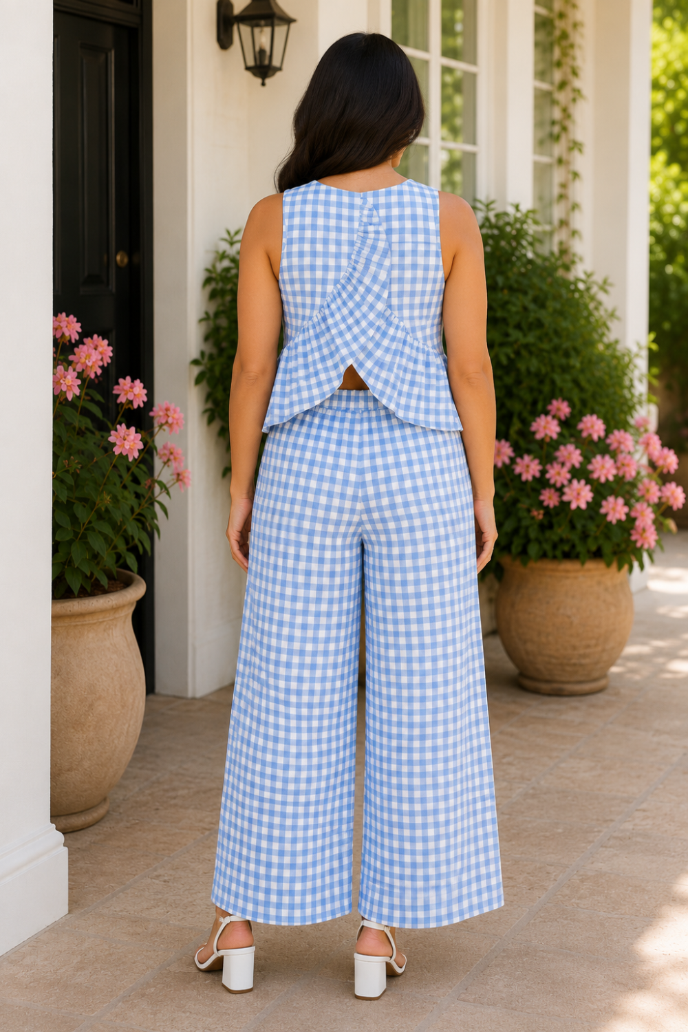 * Two-piece set
* Round neck
* Sleeveless
* Buttoned back closure
* Open back
* Elastic waist
* Pocketed
* Wide leg
* Ruffled
* No stretch