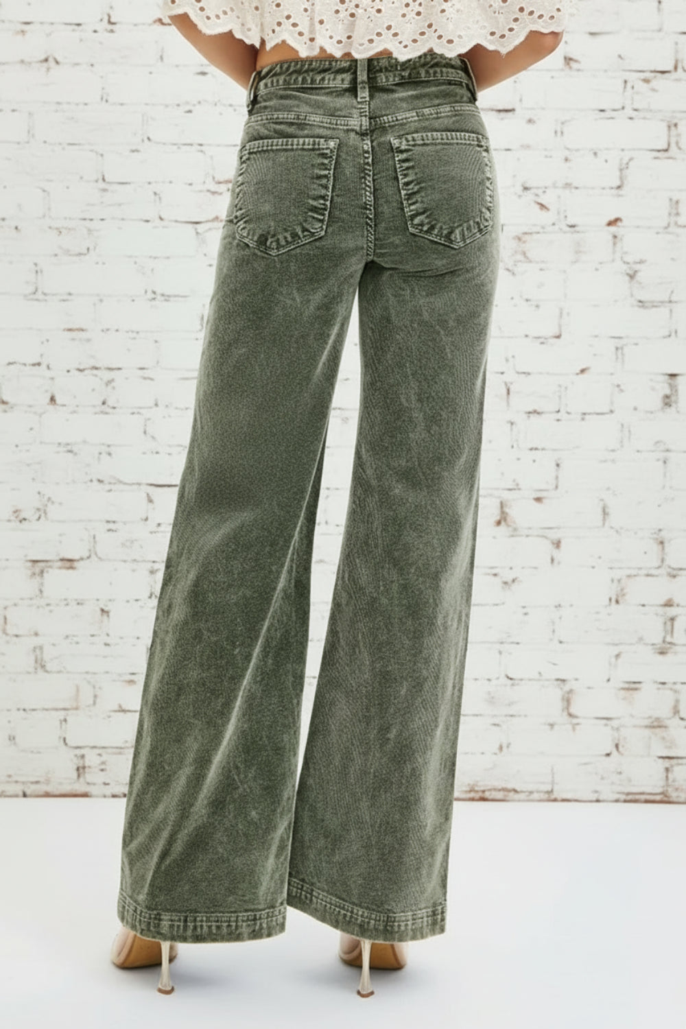 Risen Jeans, corduroy, washed, full-size, high-rise, wide leg, belt loops, button/zipper closure, pocketed, slightly stretchy, back view