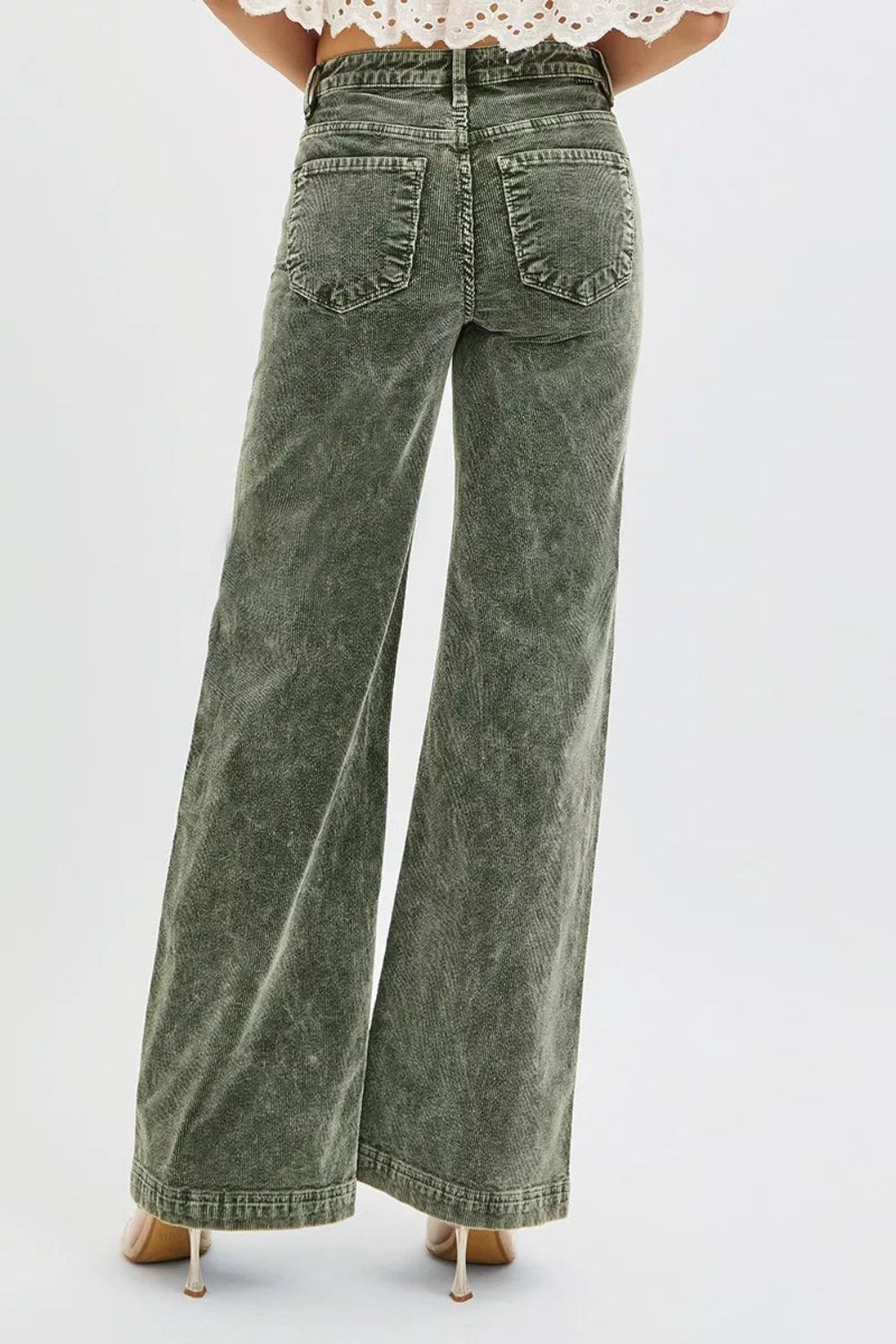 Risen Jeans, corduroy, washed, full-size, high-rise, wide leg, belt loops, button/zipper closure, pocketed, slightly stretchy, back view