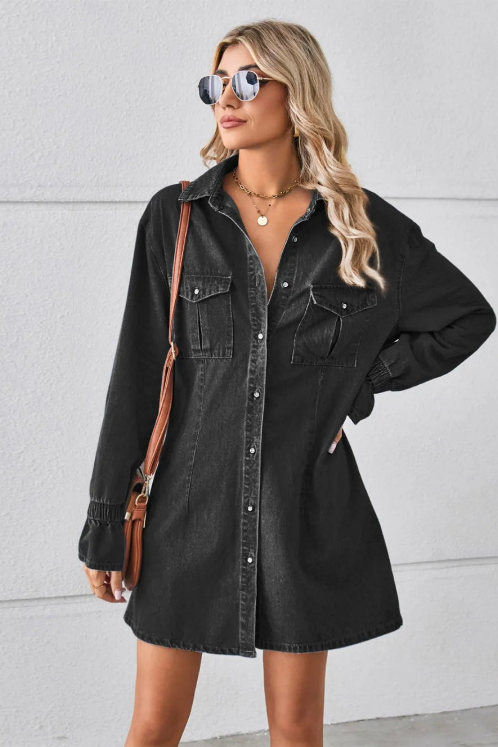 Shirt dress, mini, denim, drop shoulder, long sleeve, elastic ruffled cuffs, collared, front patch pockets, back pleat, no stretch, front view
