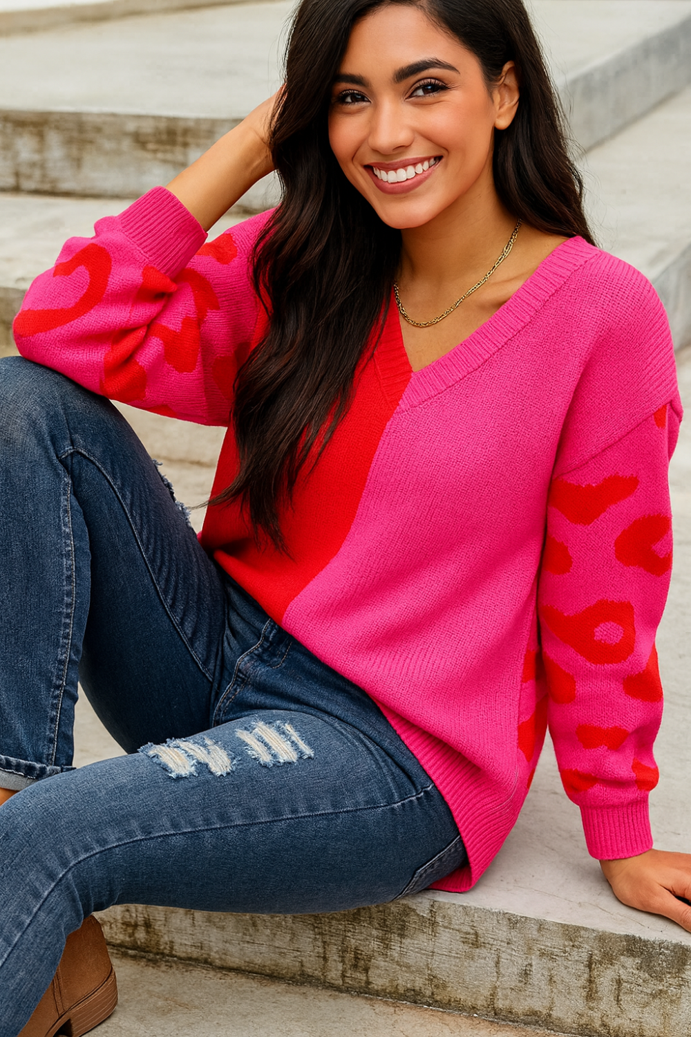 Sweater, pullover, v-neck, long sleeve, drop shoulder, color block, leopard sleeves, stretchy, front view