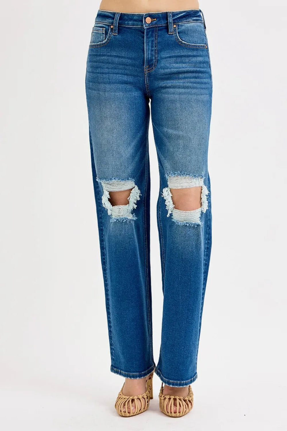Risen Jeans, full-size, mid-waist, pocketed, distressed knee, raw hem, medium wash, boyfriend fit, straight leg, stretchy front view