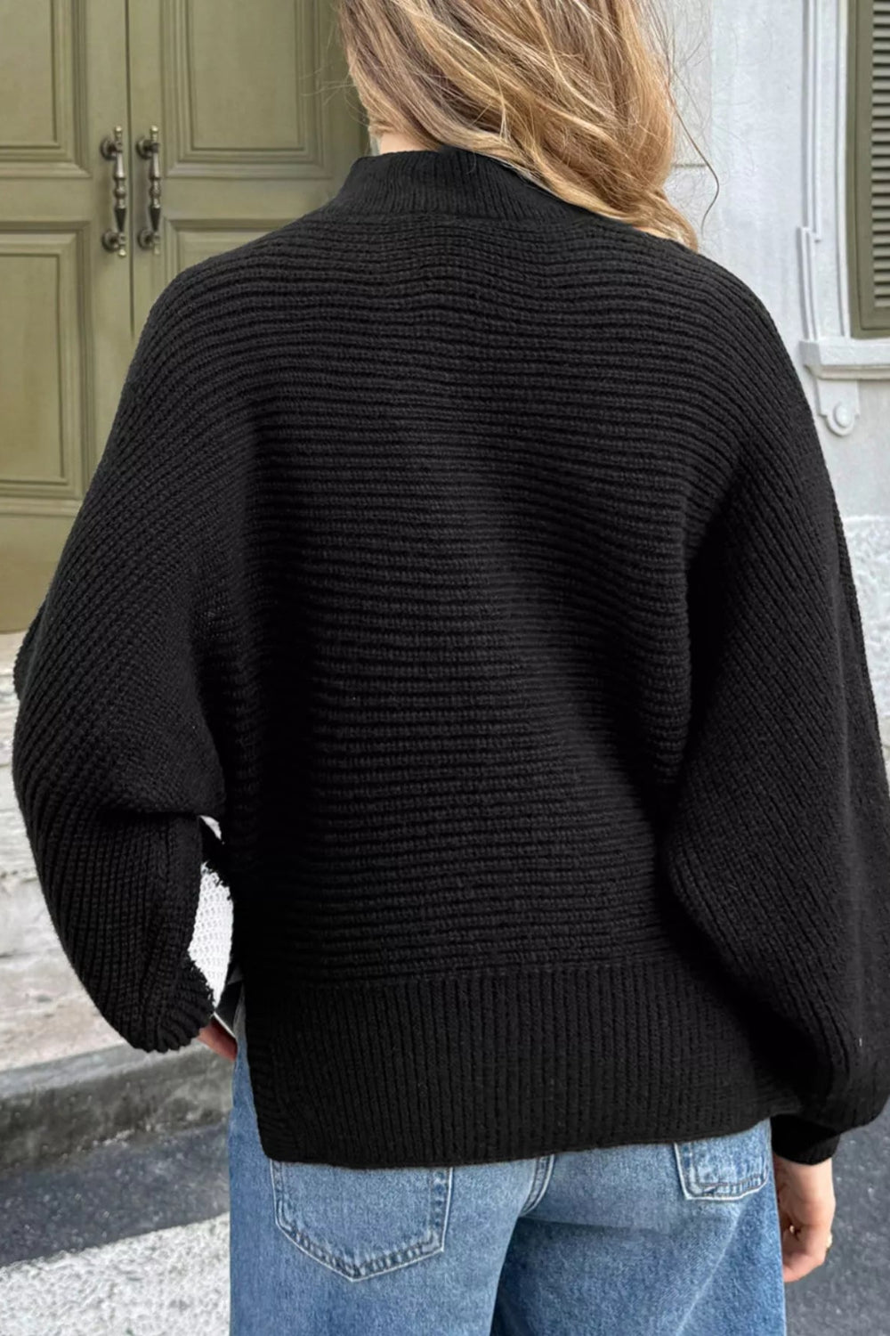 Sweater, ribbed knit,long sleeve, pullover, mock turtleneck, long sleeves, round yoke shoulder, balloon sleeves, side slit, ribbed hem, stretchy, back view