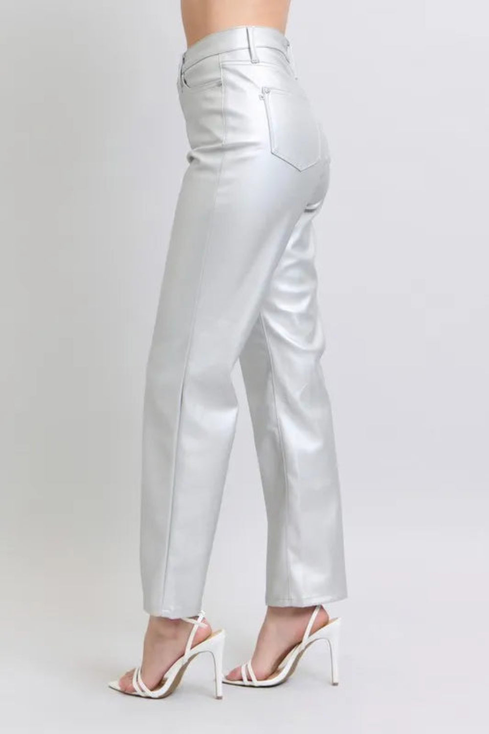 Judy Blue Pants, full-size, high-rise, tummy control, faux leather, straight leg, pocketed, brad detail, some stretch side view