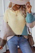 Sweater, pullover, drop shoulder, long sleeve, round neck, ribbed knit, ribbed neck, cuff and hem, balloon sleeves, slightly stretchy, front view

