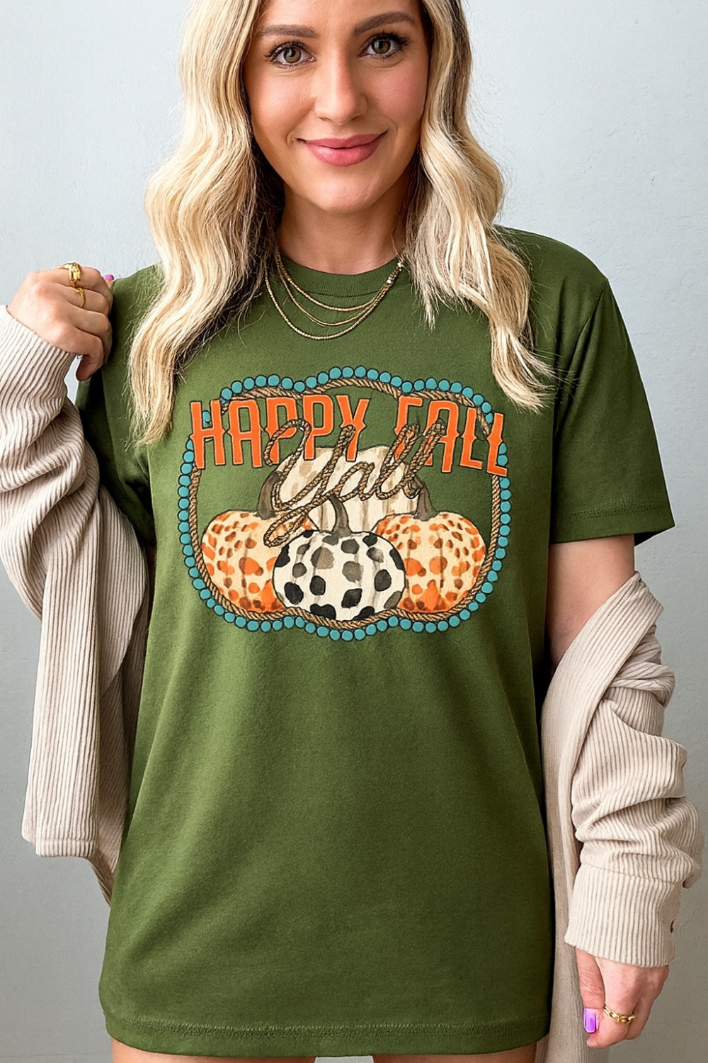 T-shirt, graphic, short sleeve, crew neck,  DTF print, Happy Fall Y'all graphics, stretchy , front view