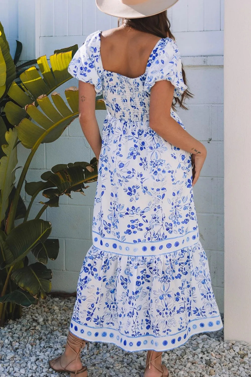 Maxi dress, Smocked,  Puff sleeve, Square neck, Pleated, Square back, Not lined, Opaque, No stretch back view