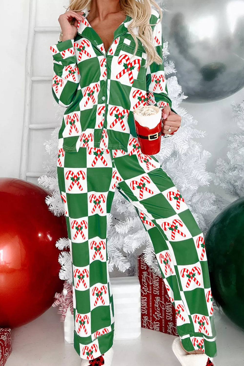 Pajama set, two-piece, long sleeve, collared, contrast trim, buttoned, front patch pocket, drawstring bottoms, slightly stretchy, front view close up