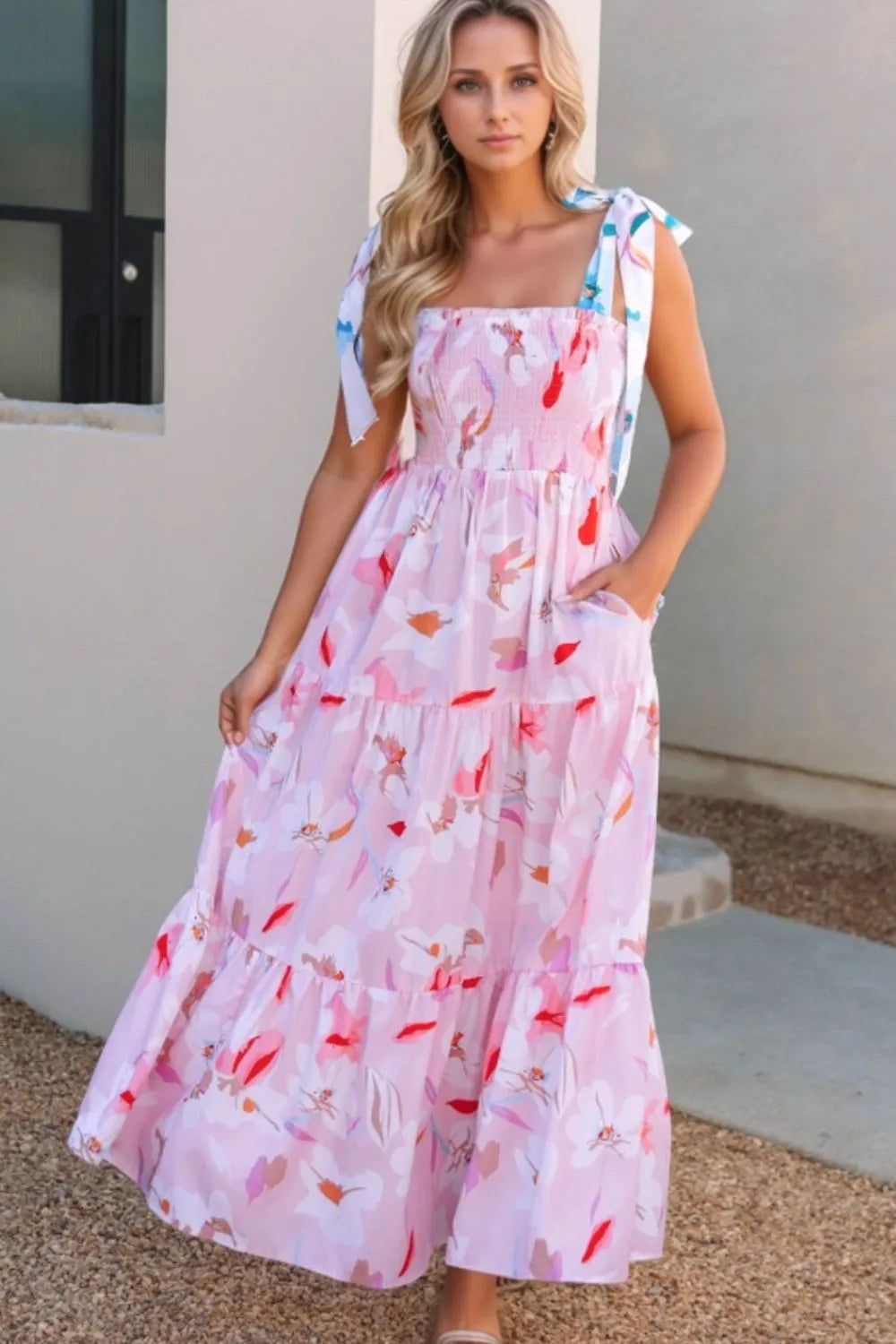 Maxi dress, floral print, smocked, knotted tie shoulder, tiered, ruffled, opaque, unlined, no stretch front view