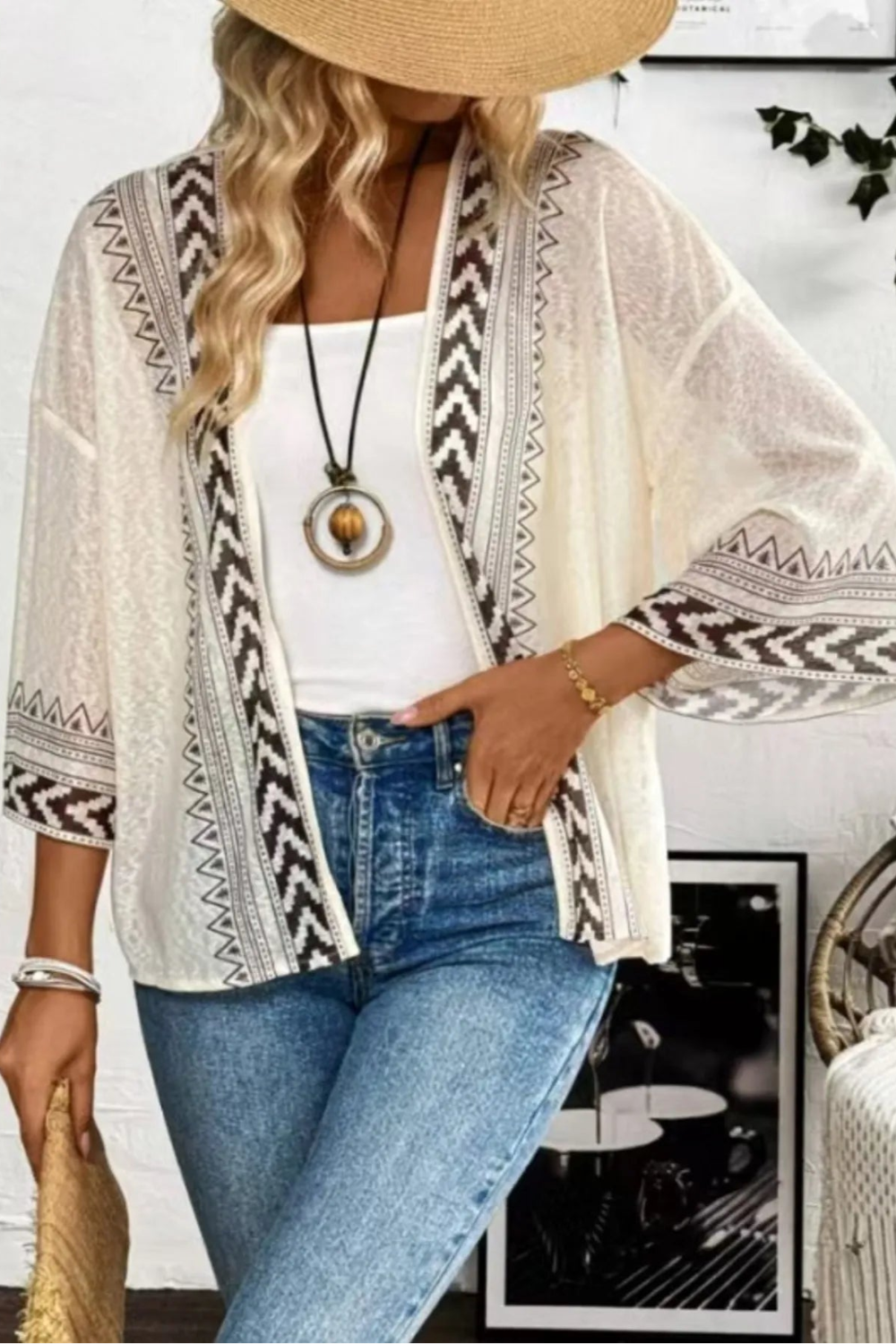 Cardigan, open front, wide sleeve, drop shoulder, sheer, geometric print, sits below the waist, no stretch front view