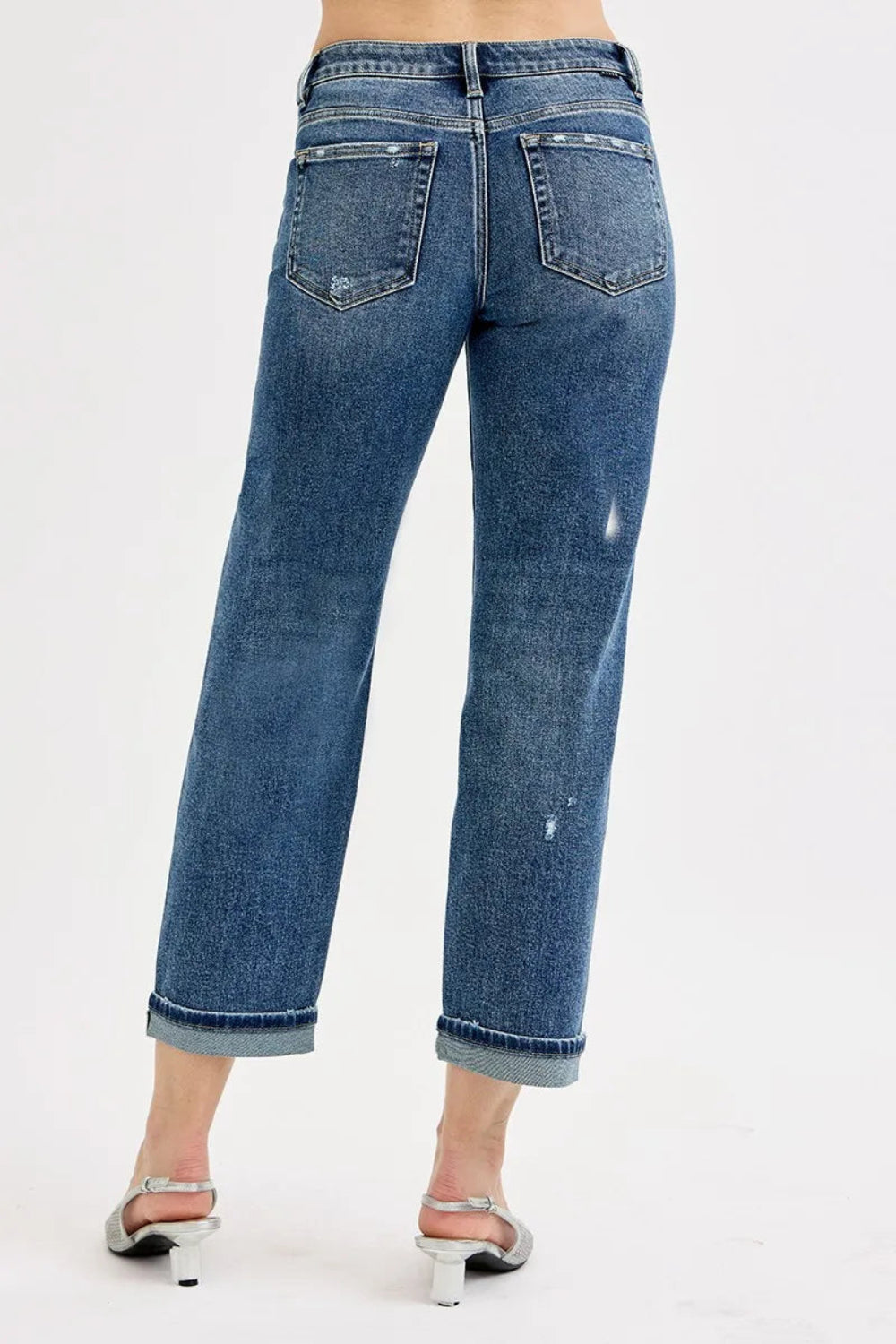 Risen Jeans, full-size, low-rise, vintage medium blue wash, straight leg, cropped, boyfriend fit, distressed details, pocketed, button and zipper closure, slightly stretchy back view