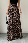 Maxi skirt, high waist, back elastic waist, unlined, leopard print, slightly stretchy, front view