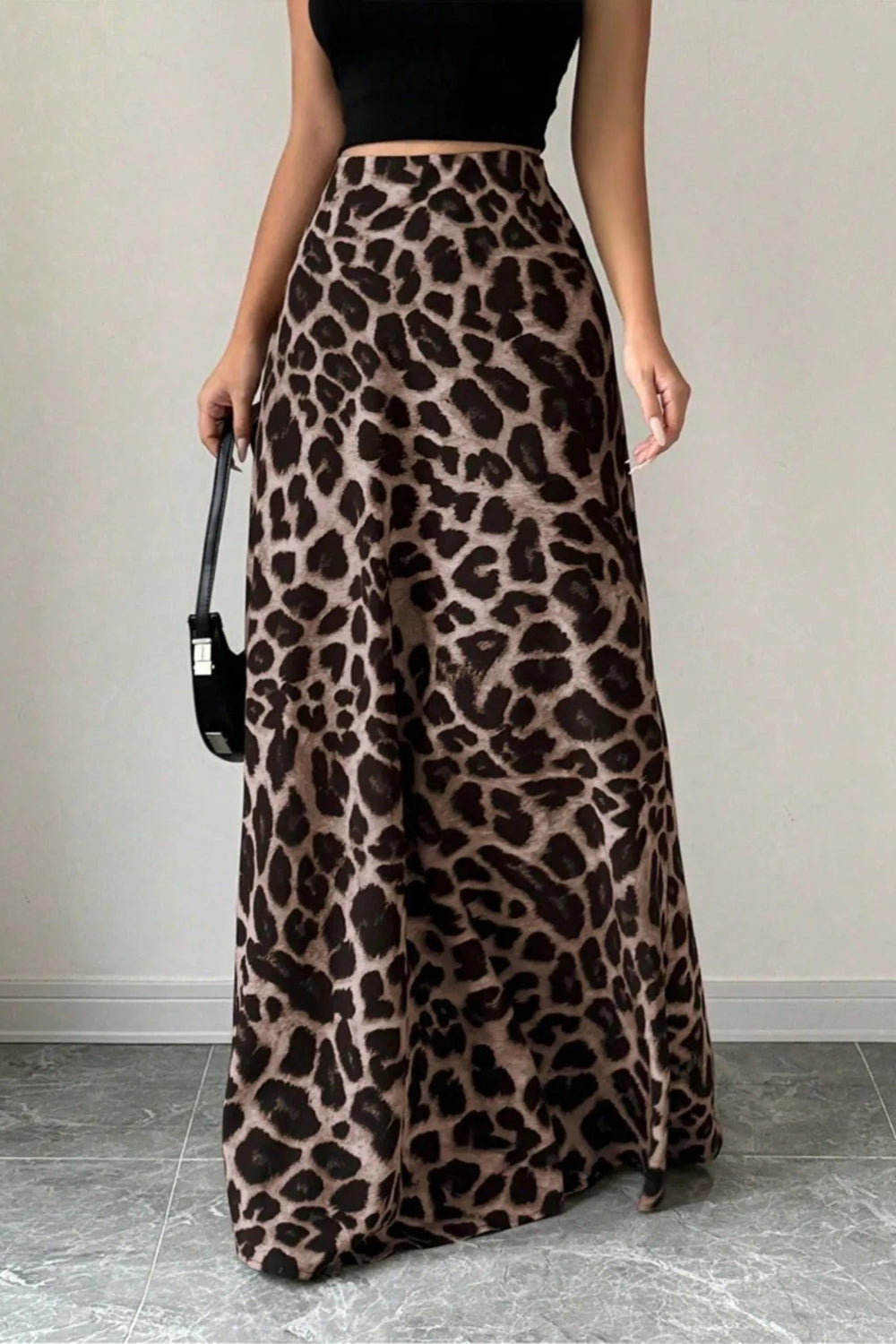 Maxi skirt, high waist, back elastic waist, unlined, leopard print, slightly stretchy, front view