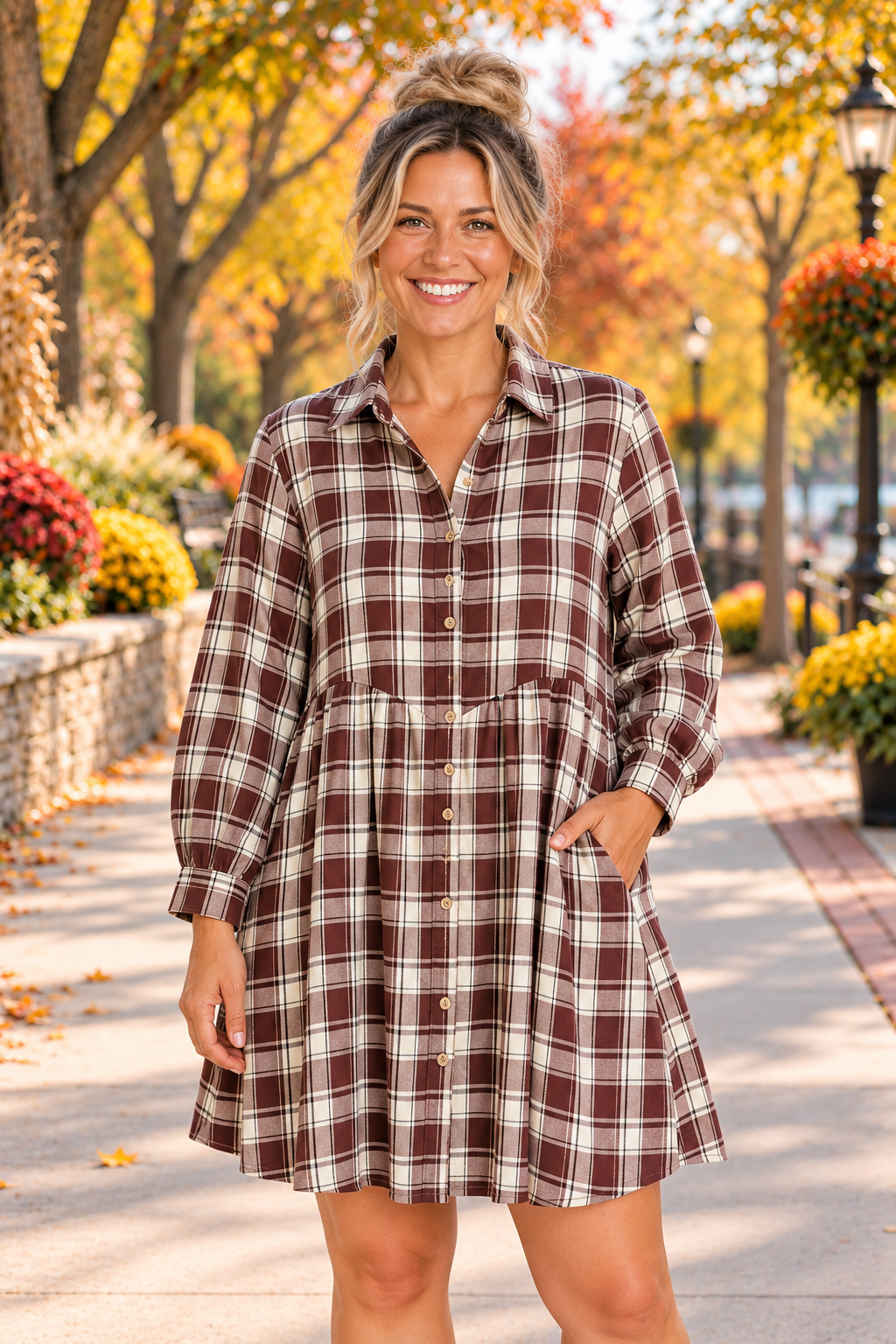 Front view of the Well Thought Of Mini Dress in brown and cream plaid with a collared button front, long sleeves, and pockets.