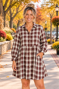 Front view of the Well Thought Of Mini Dress in brown and cream plaid with a collared button front, long sleeves, and pockets.