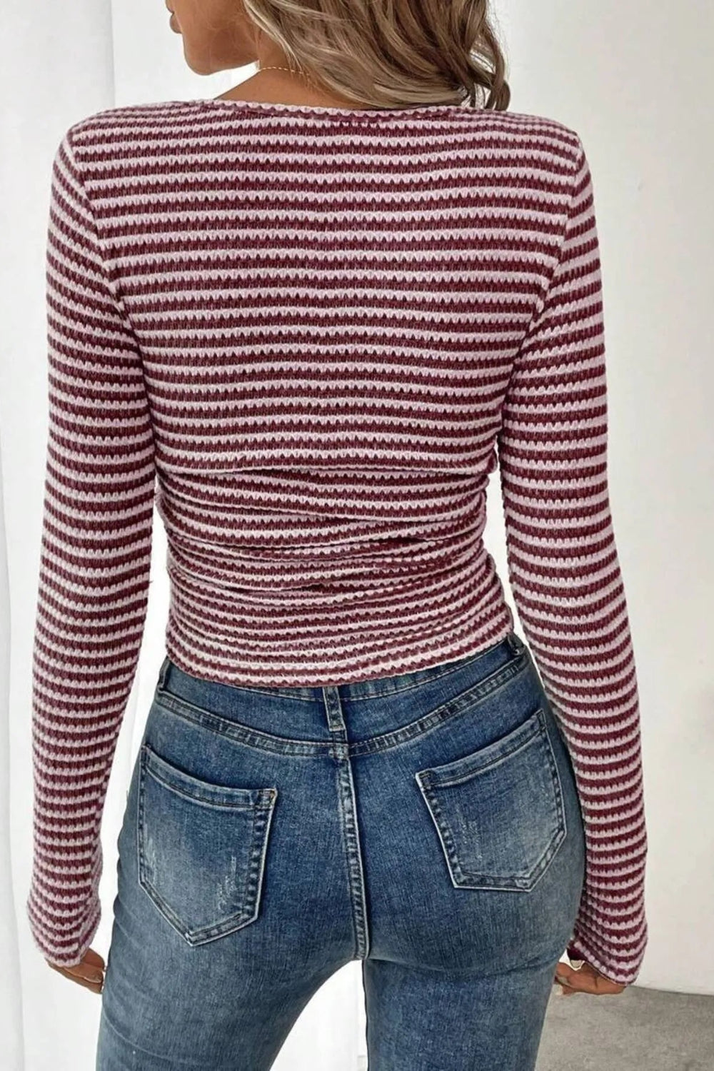 Top, Pullover, Square neck, Long sleeve,
Ribbed, Striped, Fitted, Stretchy, back view