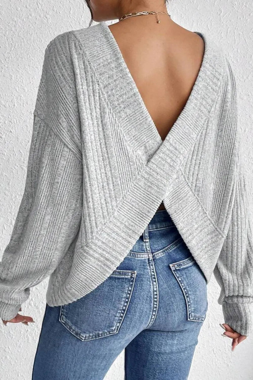 Long sleeve, Round neck, Ribbed, Light Gray, Drop shoulder, Crossover back, Backless, Stretchy Top Side View