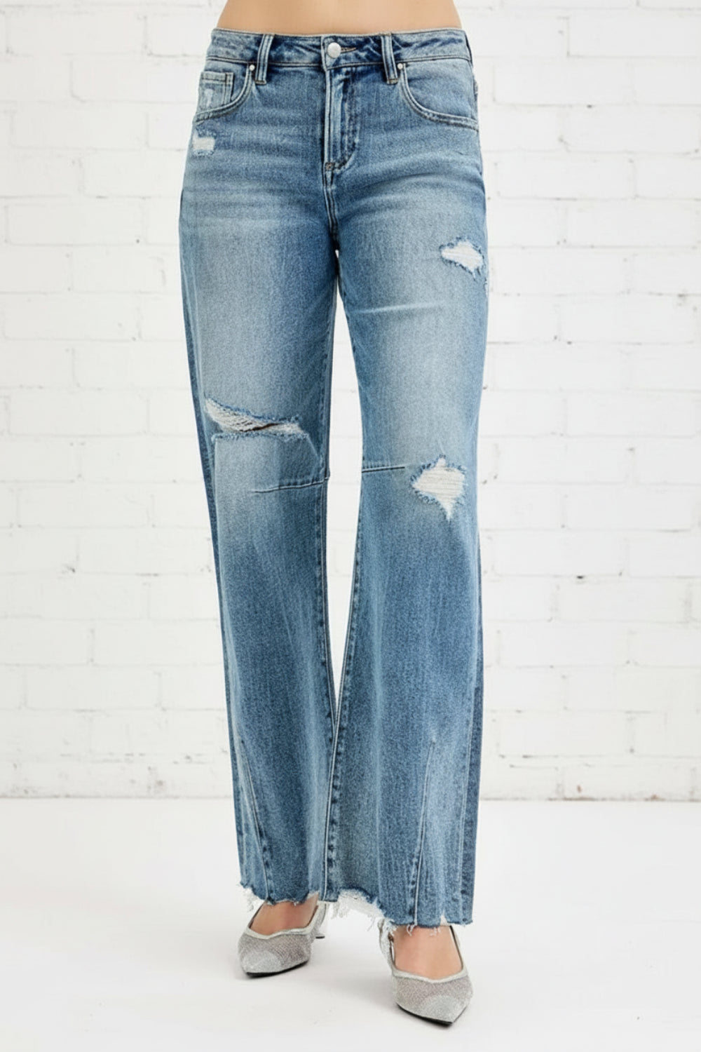 Risen Jeans, full-size, mid-rise, wide, baggy leg, distressed, darted, raw hem, belt loops, button/zipper closure, pocketed, slightly stretchy, front view
