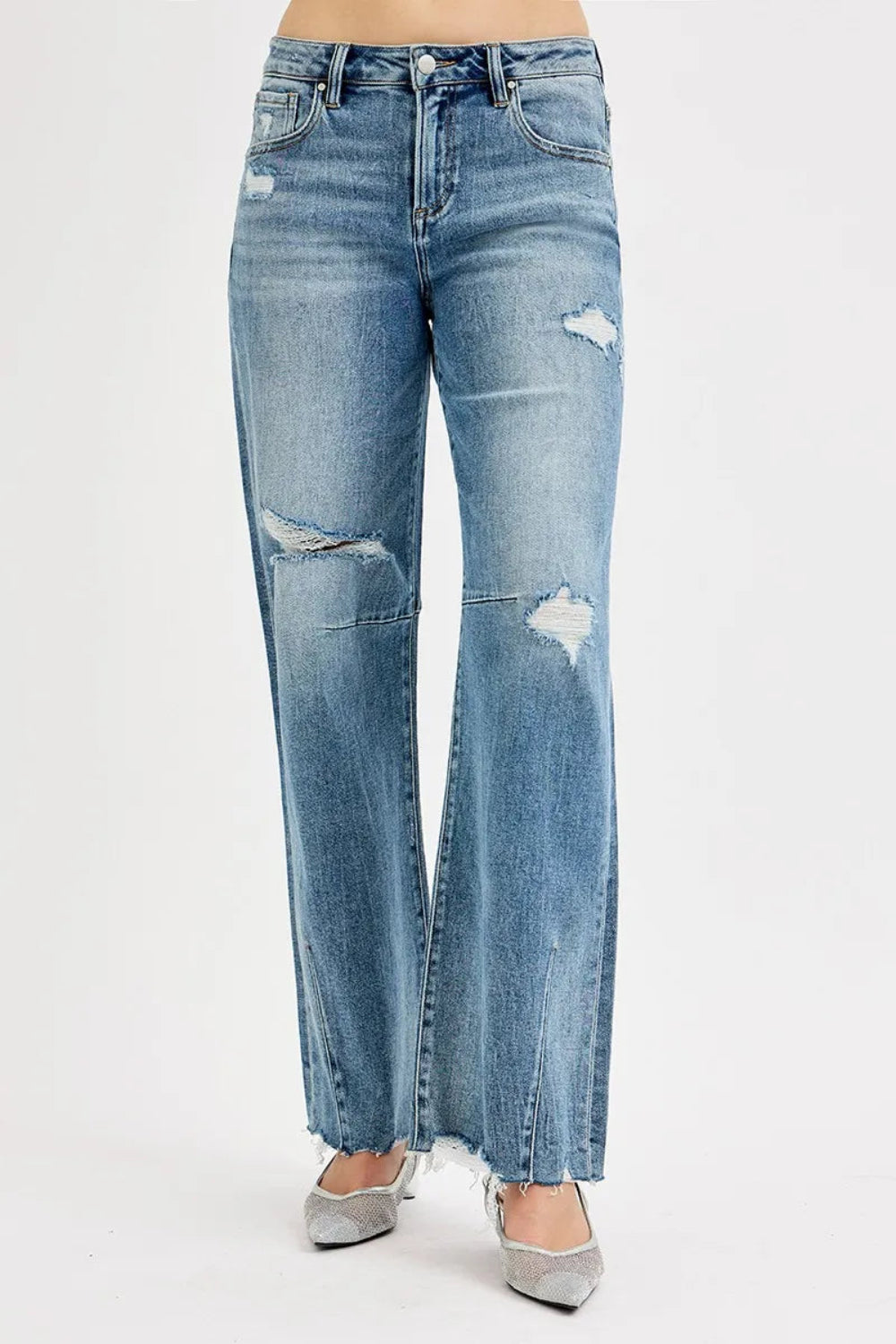 Risen Jeans, full-size, mid-rise, wide, baggy leg, distressed, darted, raw hem, belt loops, button/zipper closure, pocketed, slightly stretchy, front view
