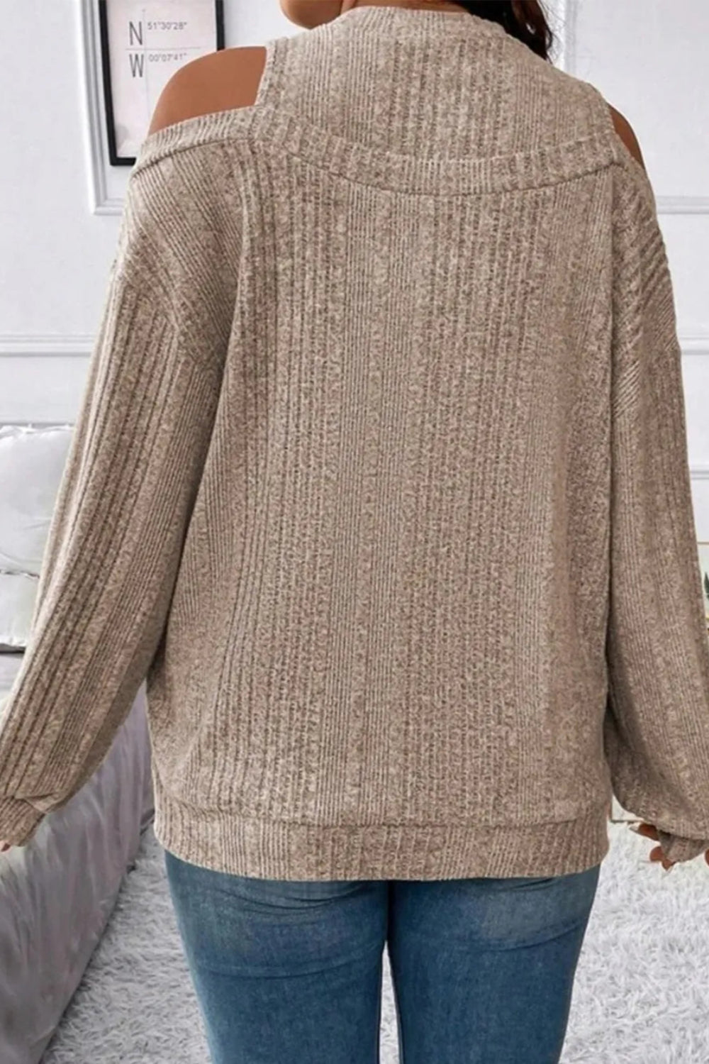 Sweater, pullover, long sleeve, round neck, cold shoulder, drop shoulder, ribbed, slightly stretchy back view