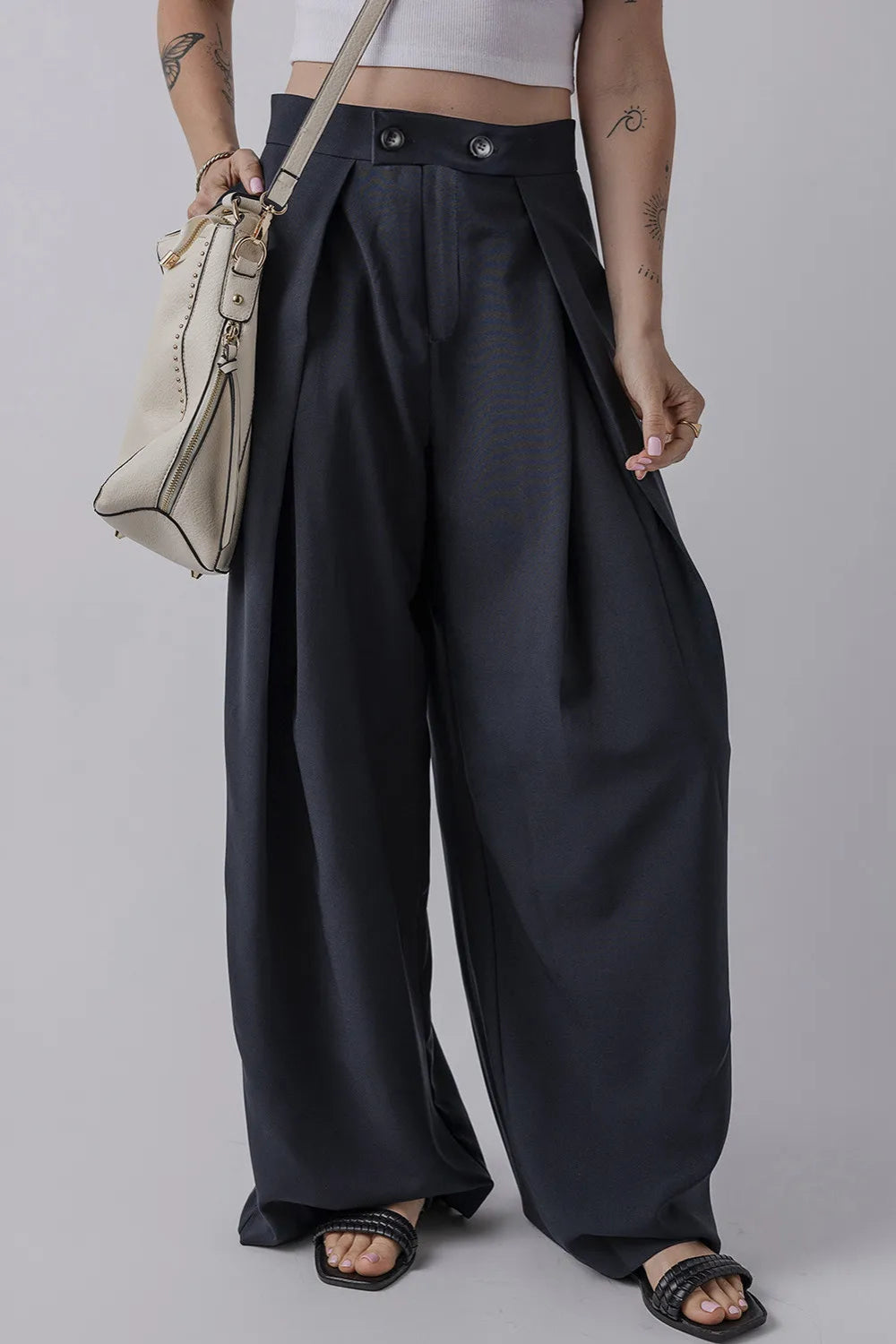 Pants, double button and zipper closure, large pleats, pocketed, wide leg, long, opaque, no stretch front view
