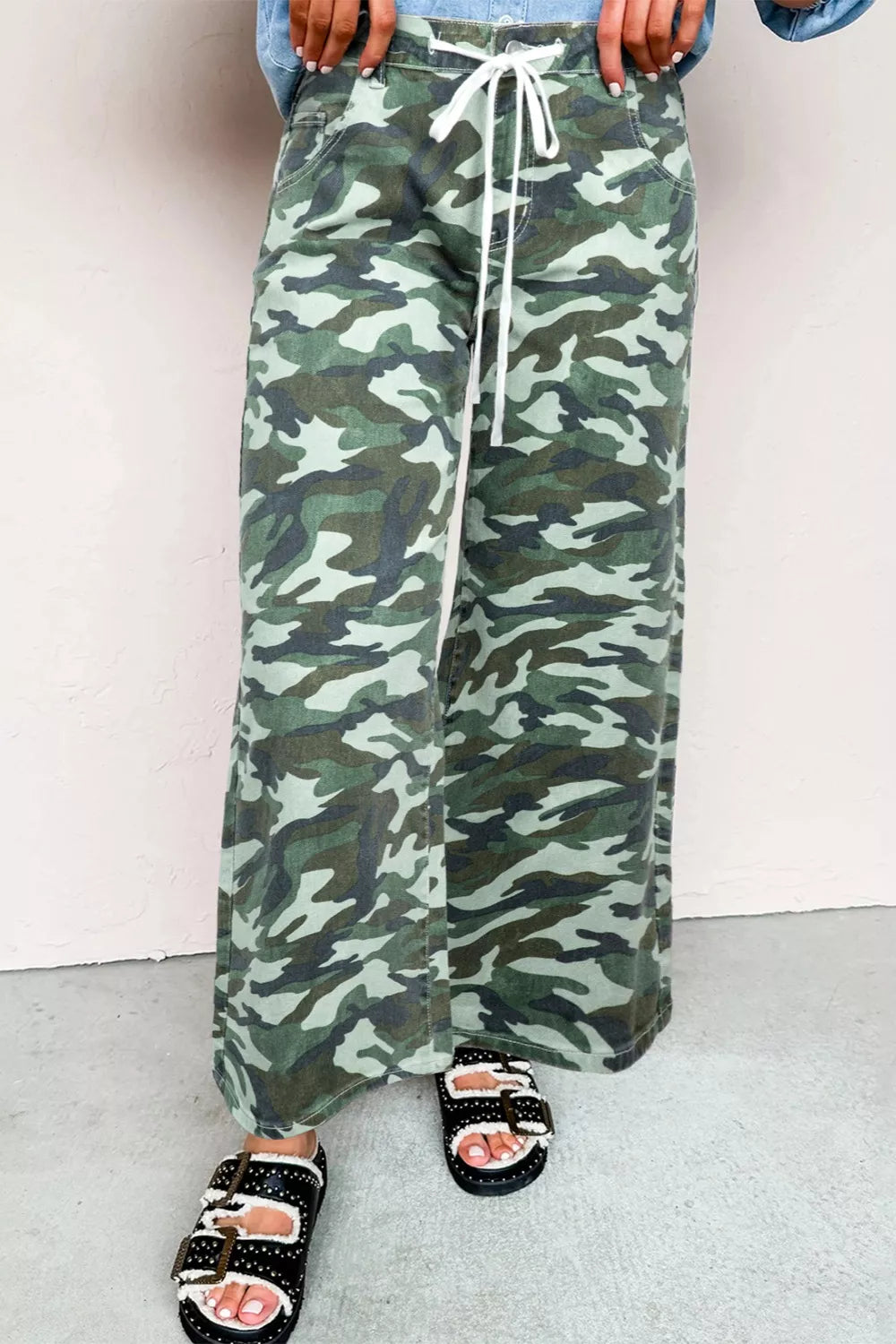 Jeans, high-waist, camo print, drawstring, button/zipper closure, belt loops, pocketed, wide leg, relaxed fit, stretchy, front view