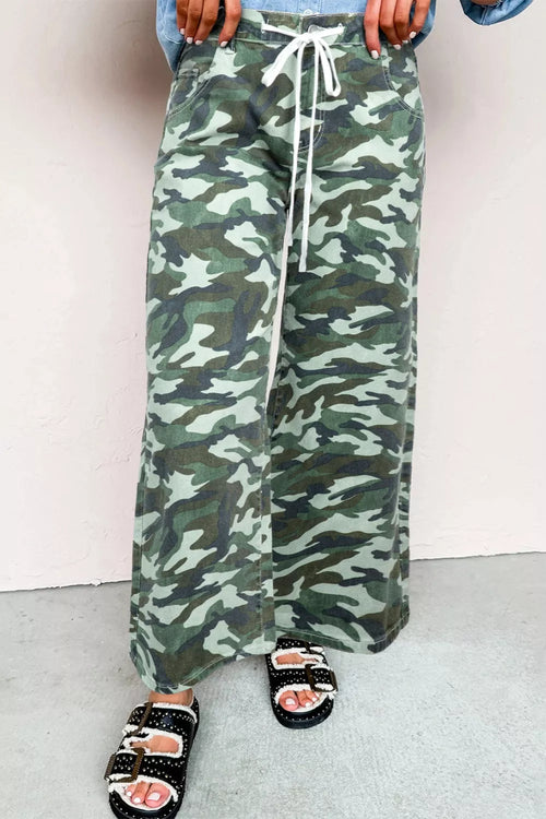 Jeans, high-waist, camo print, drawstring, button/zipper closure, belt loops, pocketed, wide leg, relaxed fit, stretchy, front view