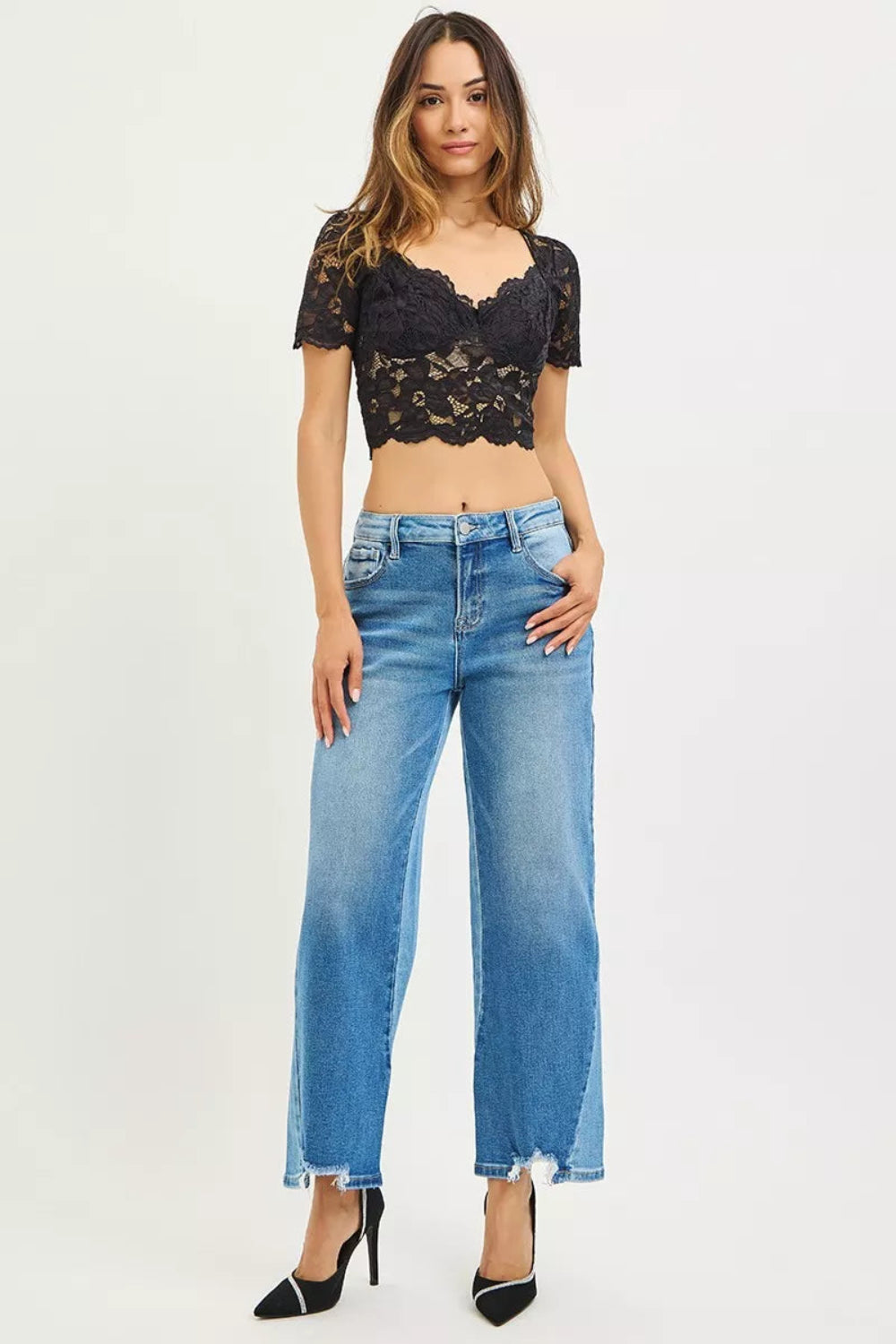 Risen Jeans, full-size, mid-rise, slouchy, cropped, barrel shape, dark combo, raw hem, belt loops, button/zipper closure, pocketed, slightly stretchy, front view
