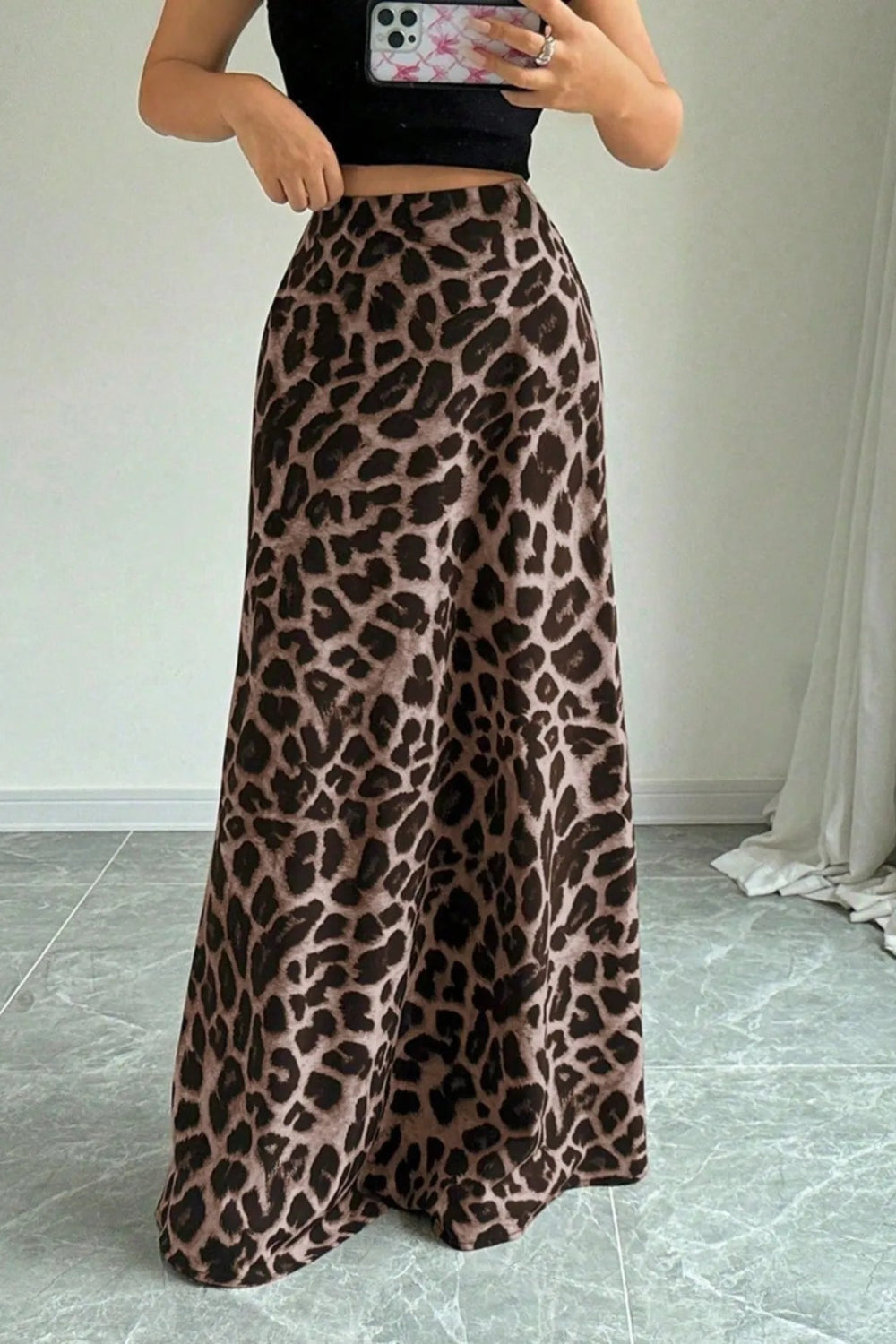 Maxi skirt, high waist, back elastic waist, unlined, leopard print, slightly stretchy, front view