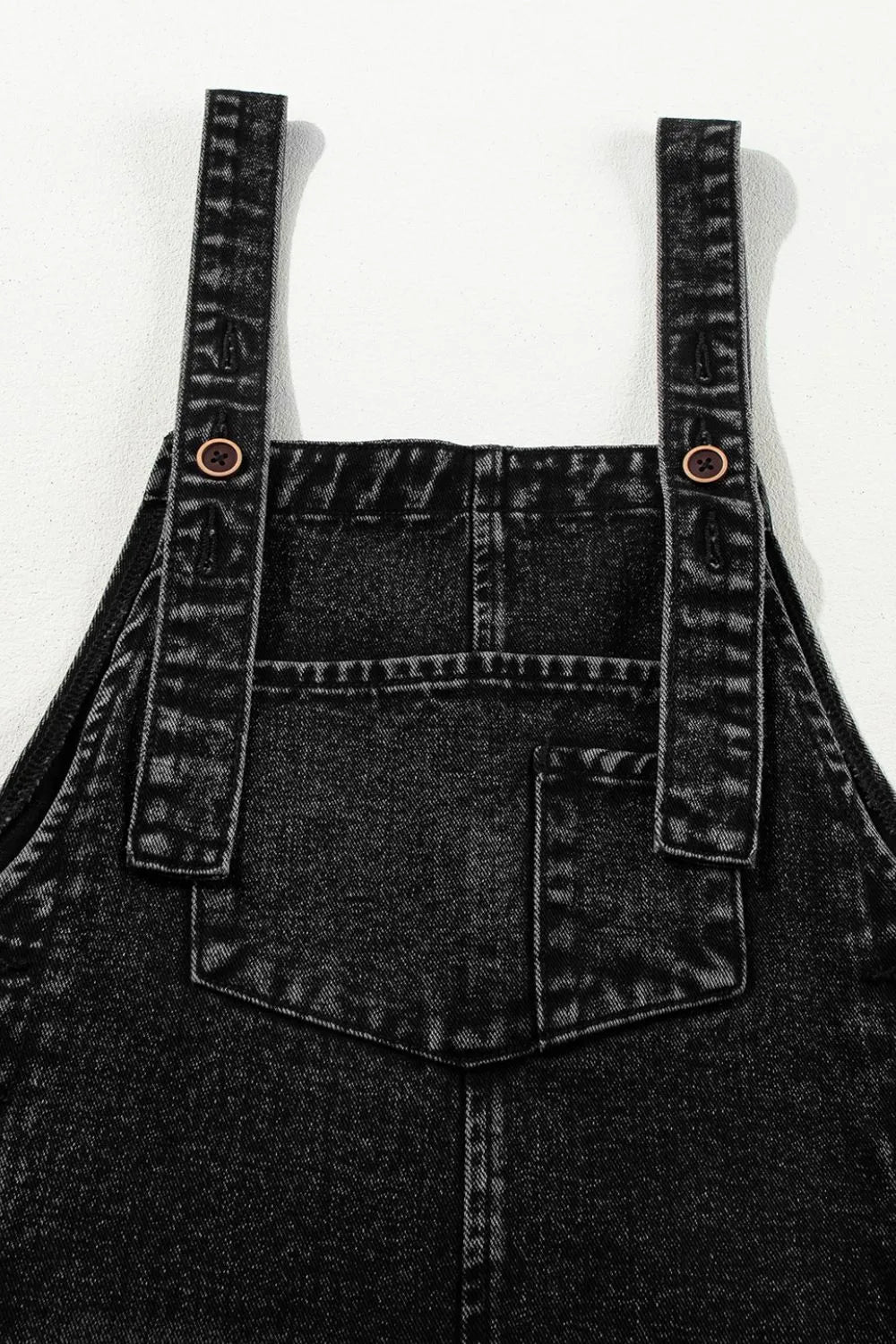 Overalls, Denim, Wide Strap, Distressed, Side Button Closure, Button Straps, Cropped, Pocketed, Bibbed, Slightly Stretchy Close Up View