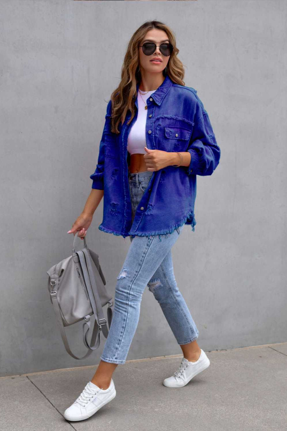 denim jacket, long sleeve, collared, buttoned, buttoned front patch pockets, distressed, fringed/raw hem, no stretch, multiple colors, front view