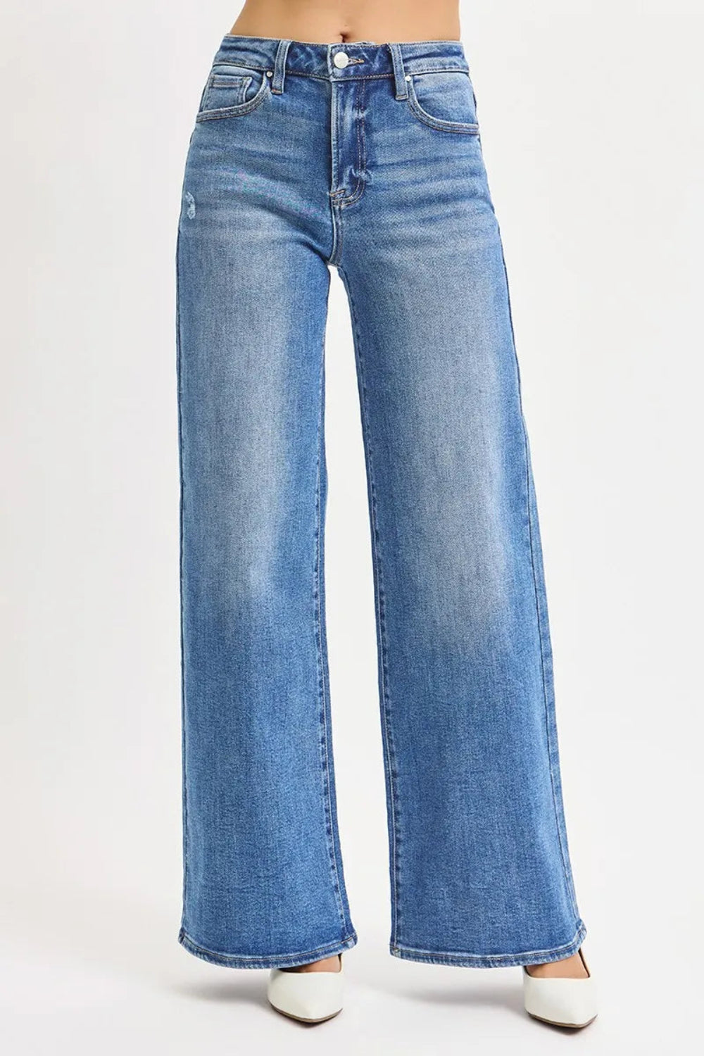 Risen jeans, full-size, high-rise, wide leg, vintage medium wash, 5-pocket detail, button-zipper closure, belt loop detail, slightly stretchy, distressed, front view