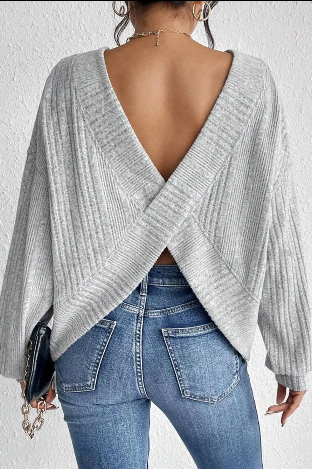Long sleeve, Round neck, Ribbed, Light Gray, Drop shoulder, Crossover back, Backless, Stretchy Top Back View
