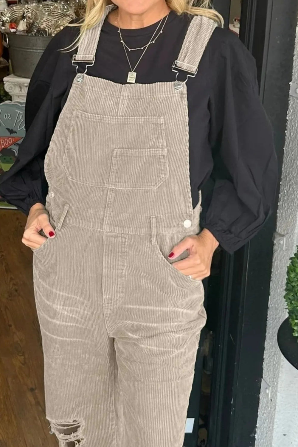 Overalls, corduroy, distressed, straight leg, pocketed, frayed hem, button clasp, no stretch, comes in several colors front view