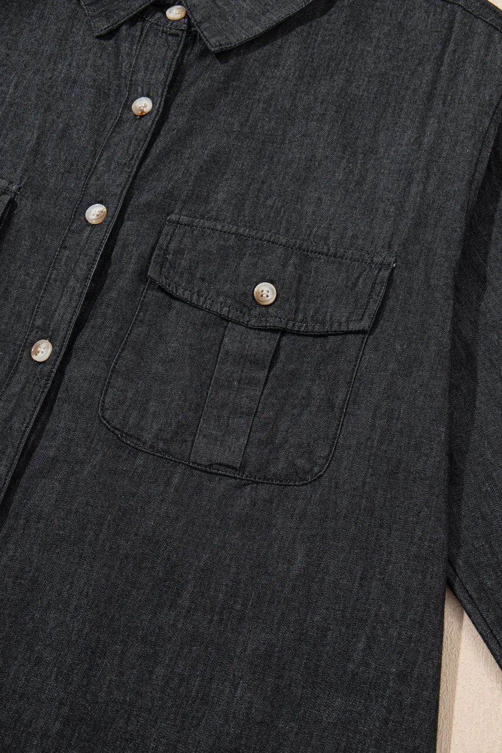 Denim shirt, long sleeve, collared, double front pockets, buttoned, cuffed, roll-tab sleeves no stretch close up view