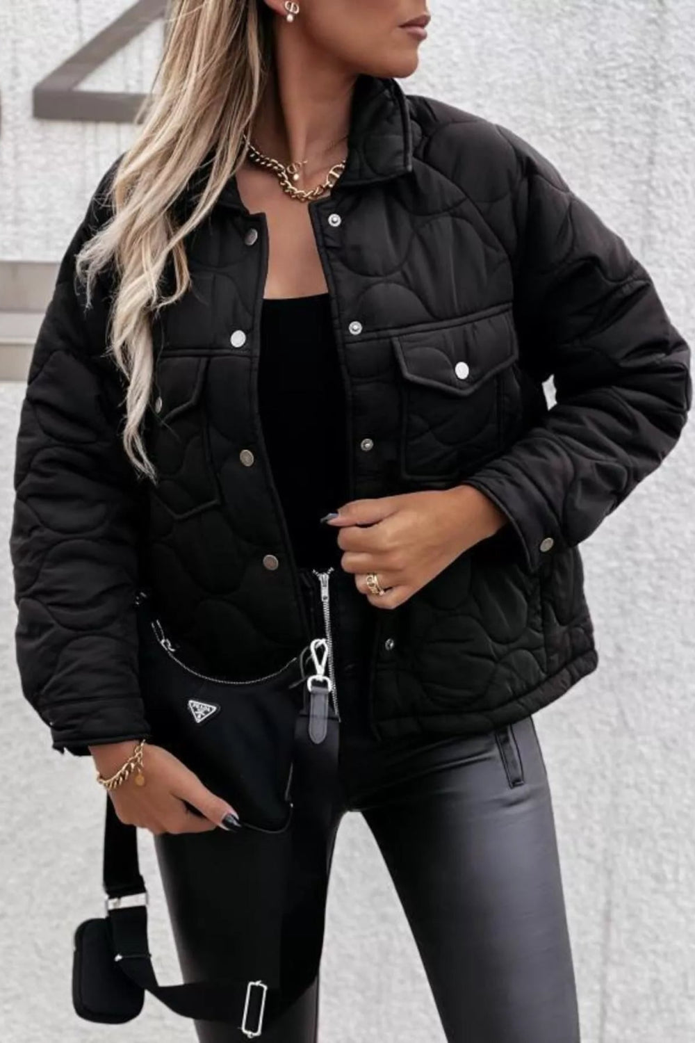 Jacket, quilted, snap-down, pocketed, collared, lined, long sleeve, snap cuffs, no stretch, front view