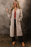 Cardigan, open front, long, pocketed, no buttons, drop shoulder, long sleeve, stretchy front view