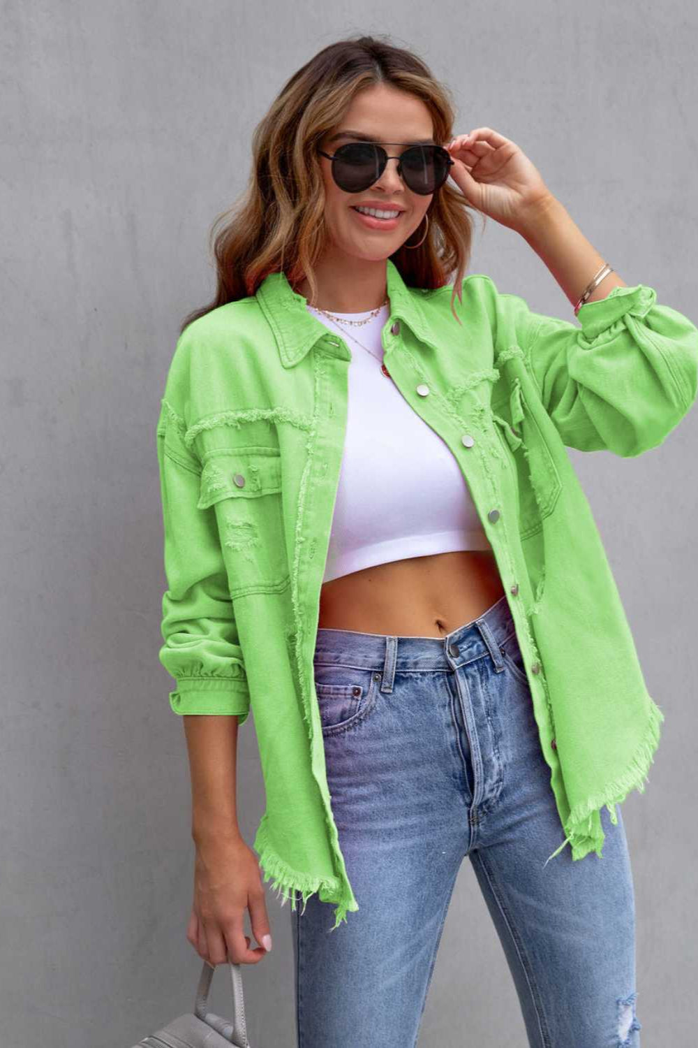 denim jacket, long sleeve, collared, buttoned, buttoned front patch pockets, distressed, fringed/raw hem, no stretch, multiple colors, front view