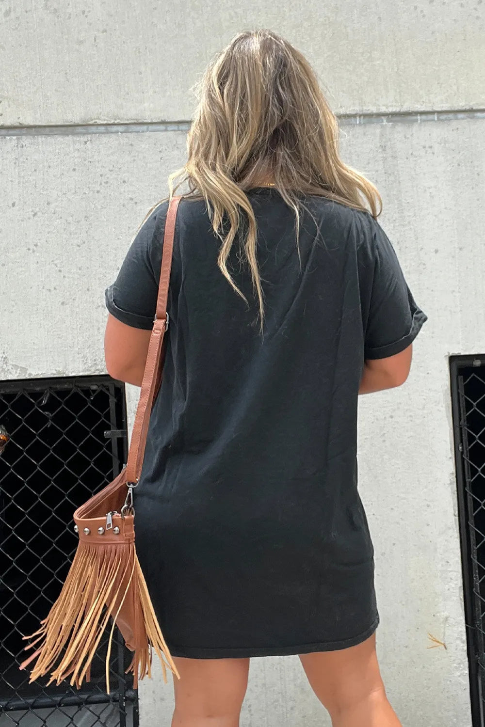 T-shirt dress, mini, graphic print, short sleeve, round neck, short sleeve, unlined, opaque, slightly stretchy back view
